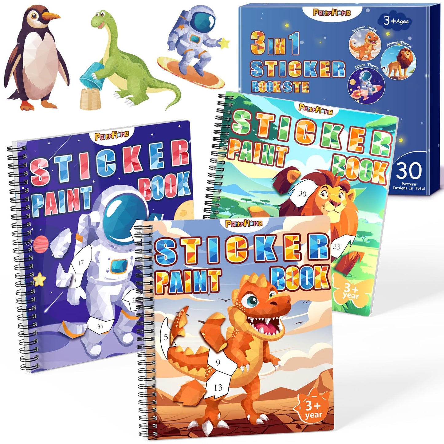 PERRYHOME 3-Pack Sticker by Number Paint Books for Kids 4-8 — Dinosaurs, Animals & Space