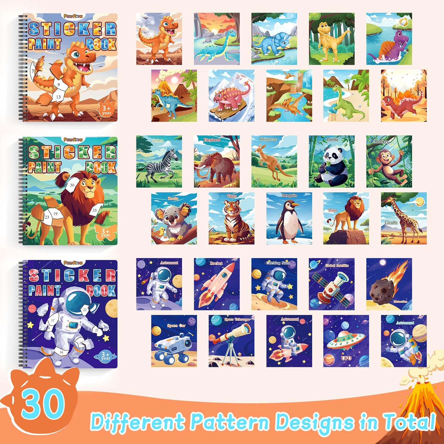 PERRYHOME 3-Pack Sticker by Number Paint Books for Kids 4-8 — Dinosaurs, Animals & Space