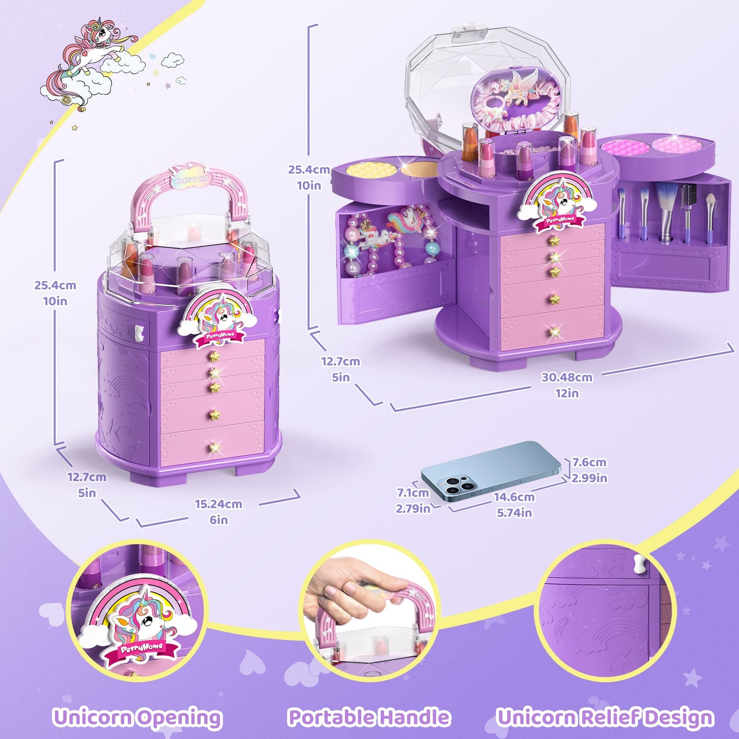 PERRYHOME 63-Piece Kids Makeup Set – Washable, Non-Toxic Unicorn Dress-Up Kit