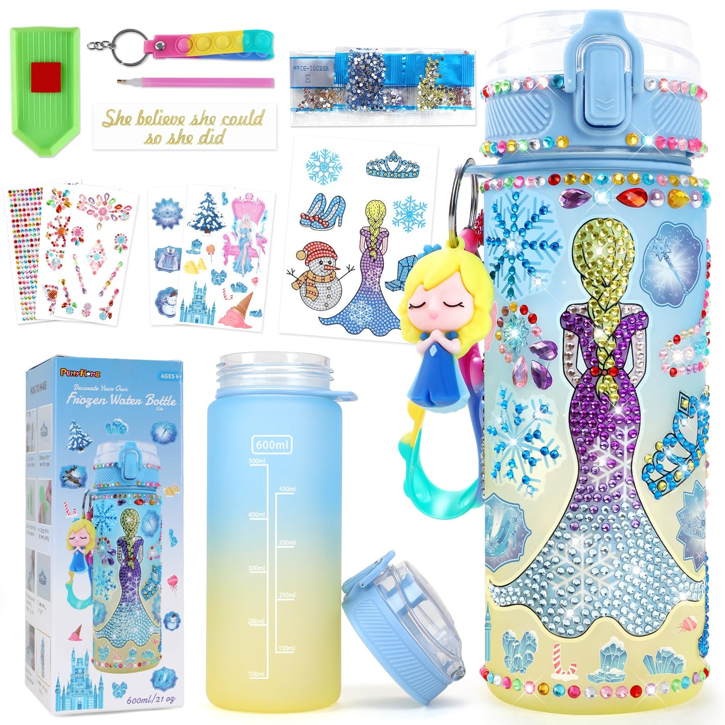 PERRYHOME Frozen Water Bottle Kit for Girls | DIY Craft Set with 21oz Bottle & Accessories
