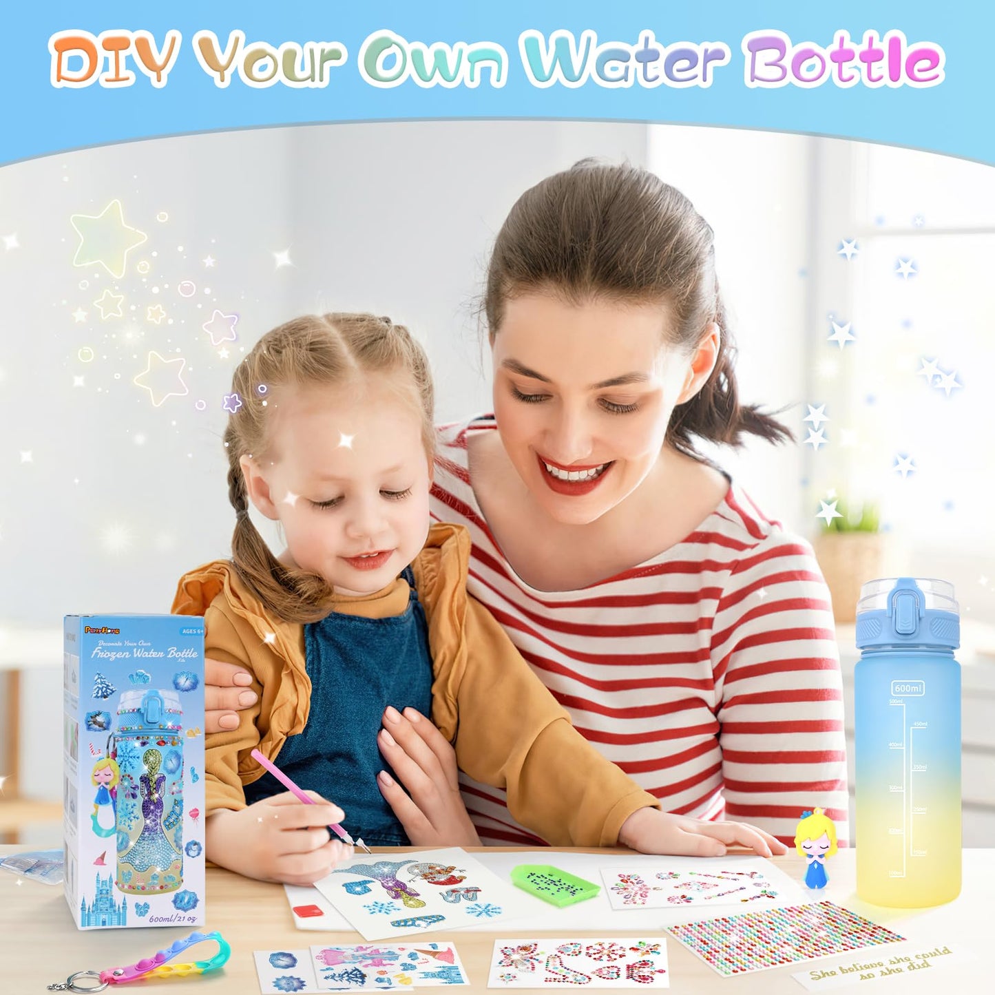 PERRYHOME Frozen Water Bottle Kit for Girls | DIY Craft Set with 21oz Bottle & Accessories