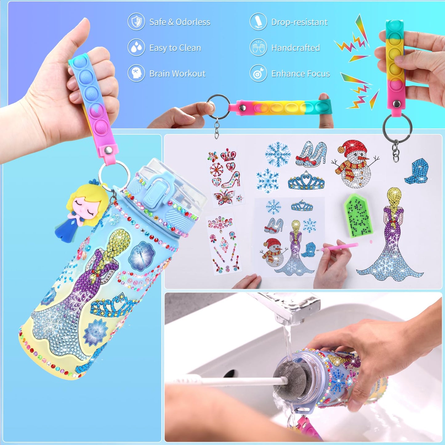 PERRYHOME Frozen Water Bottle Kit for Girls | DIY Craft Set with 21oz Bottle & Accessories