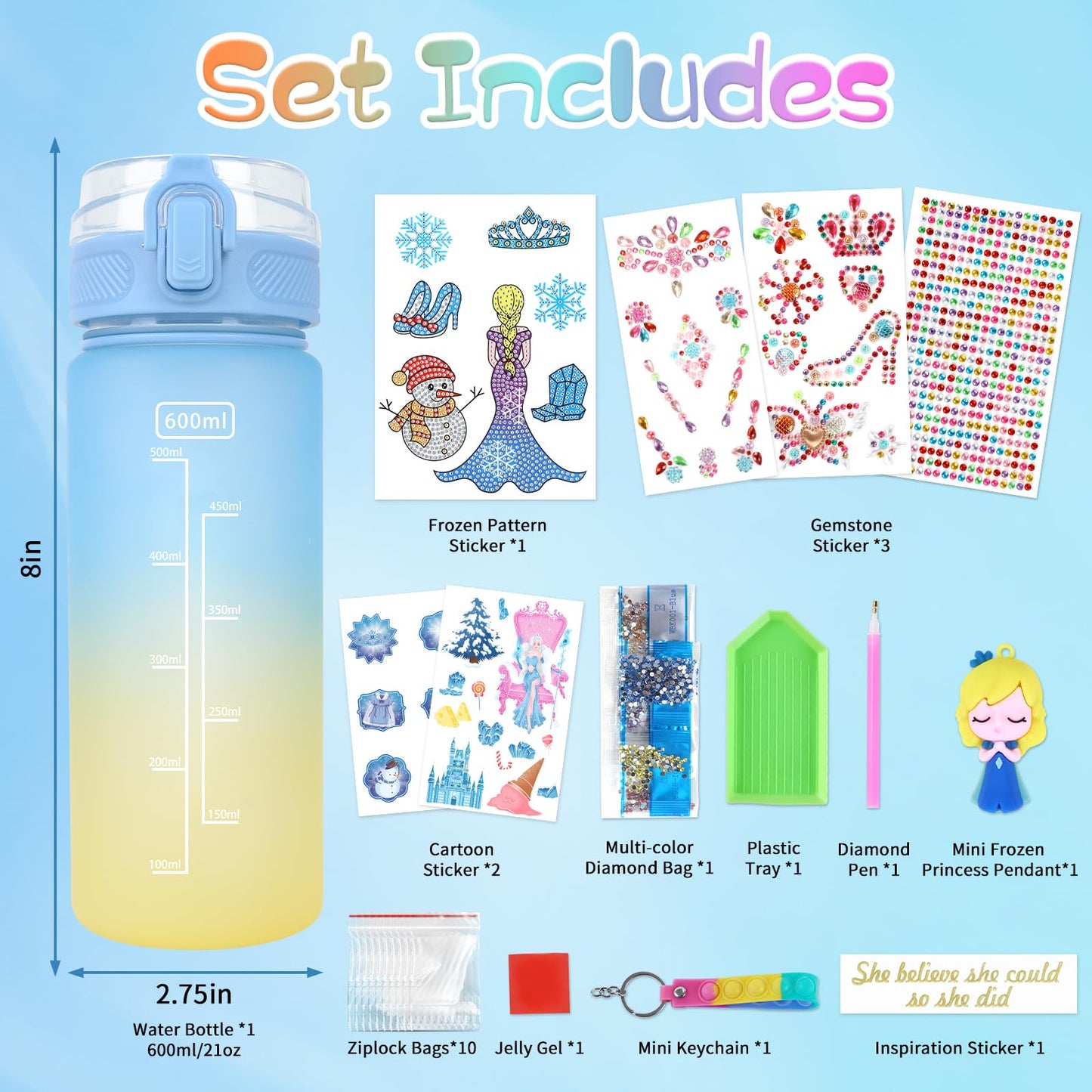 PERRYHOME Frozen Water Bottle Kit for Girls | DIY Craft Set with 21oz Bottle & Accessories