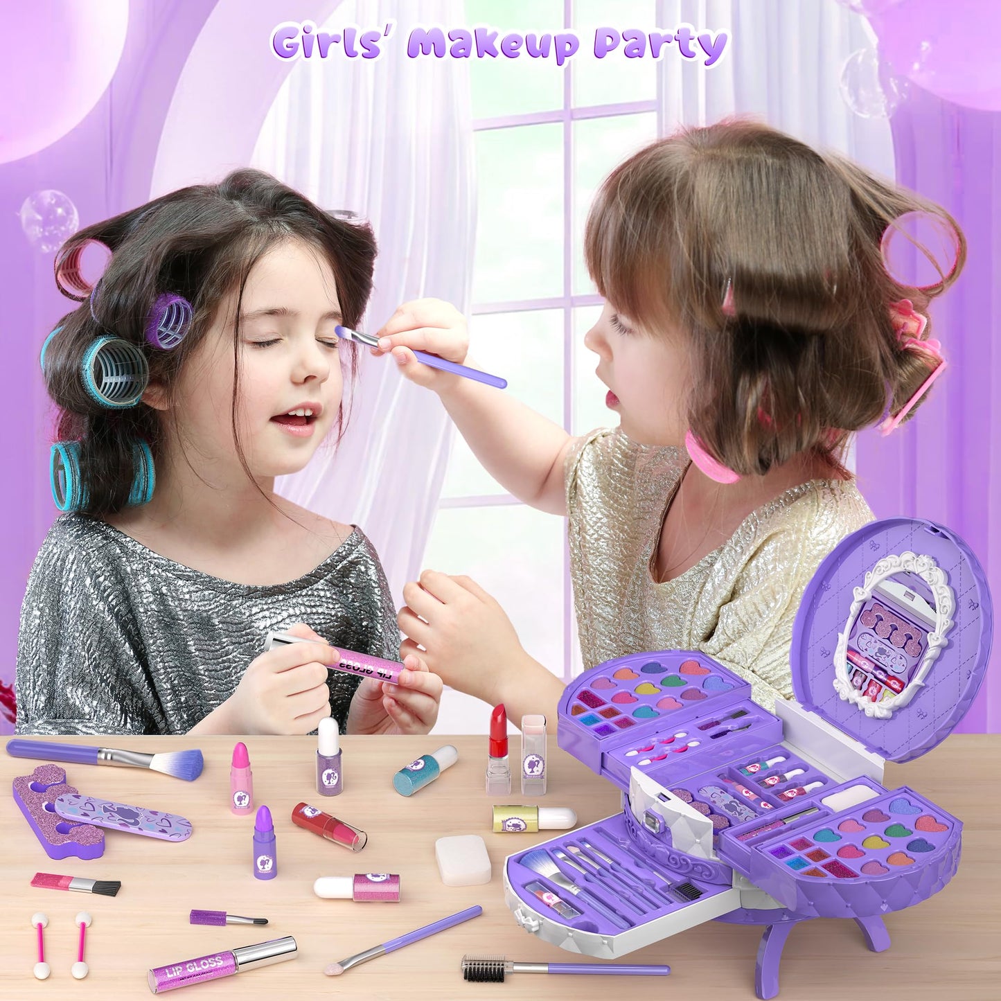 PERRYHOME Kids Makeup Set – 59-Piece Washable Non-Toxic Kit for Girls 5-8 (Purple)