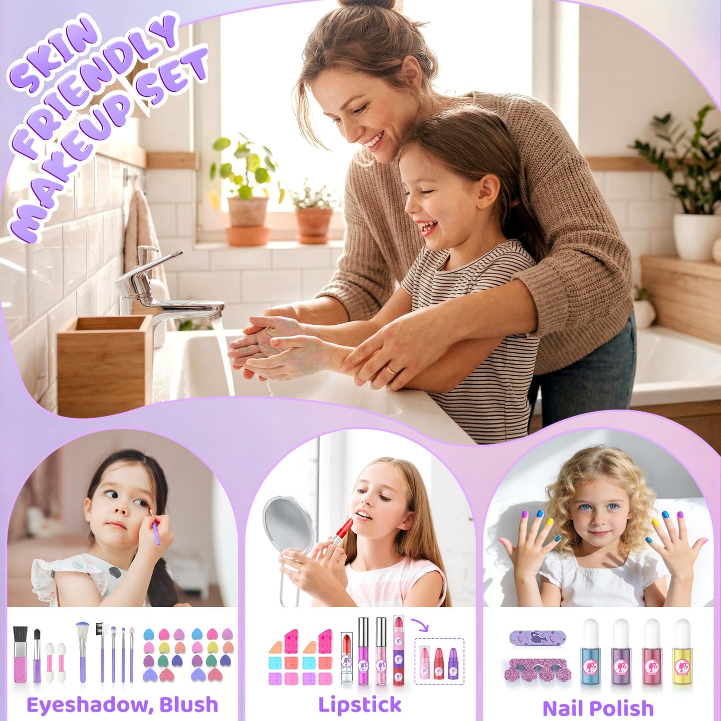 PERRYHOME Kids Makeup Set – 59-Piece Washable Non-Toxic Kit for Girls 5-8 (Purple)
