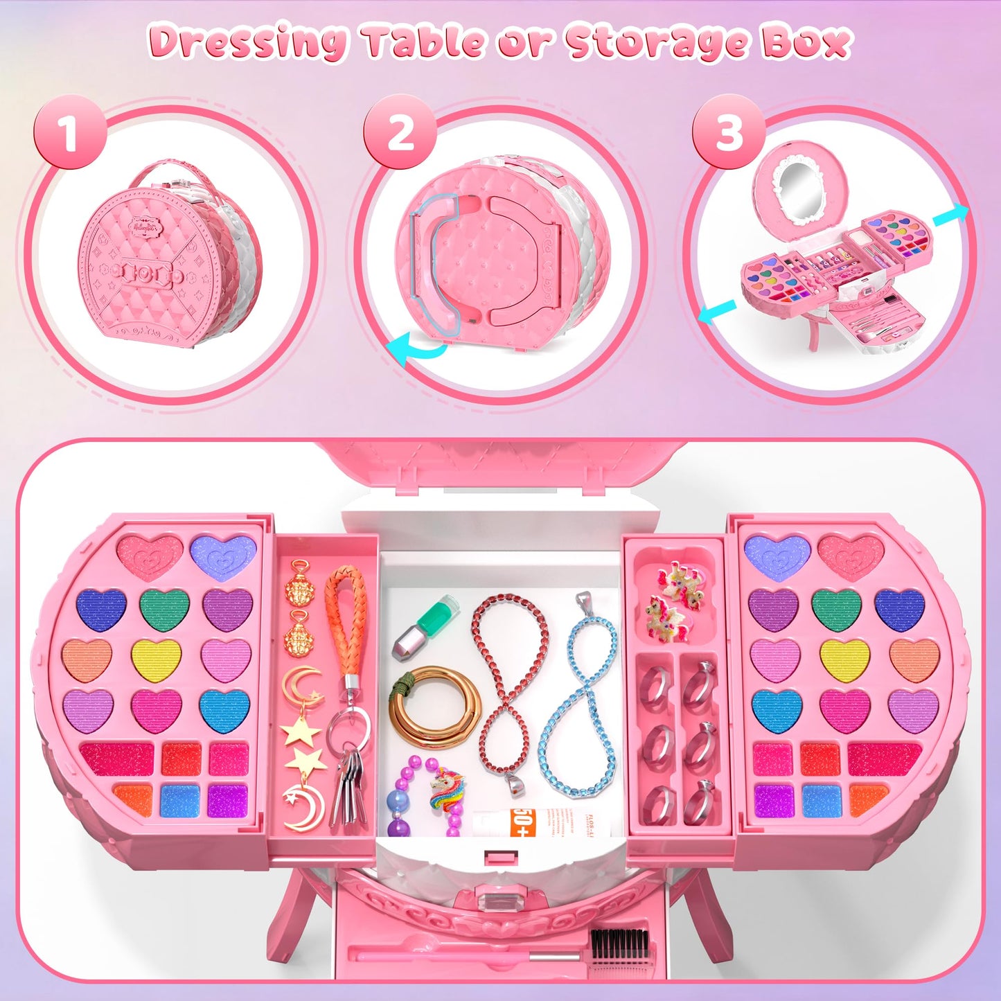 PERRYHOME Kids Makeup Kit (59 Pcs) Non-Toxic, Washable & Safe for Girls 3-12 – Pink