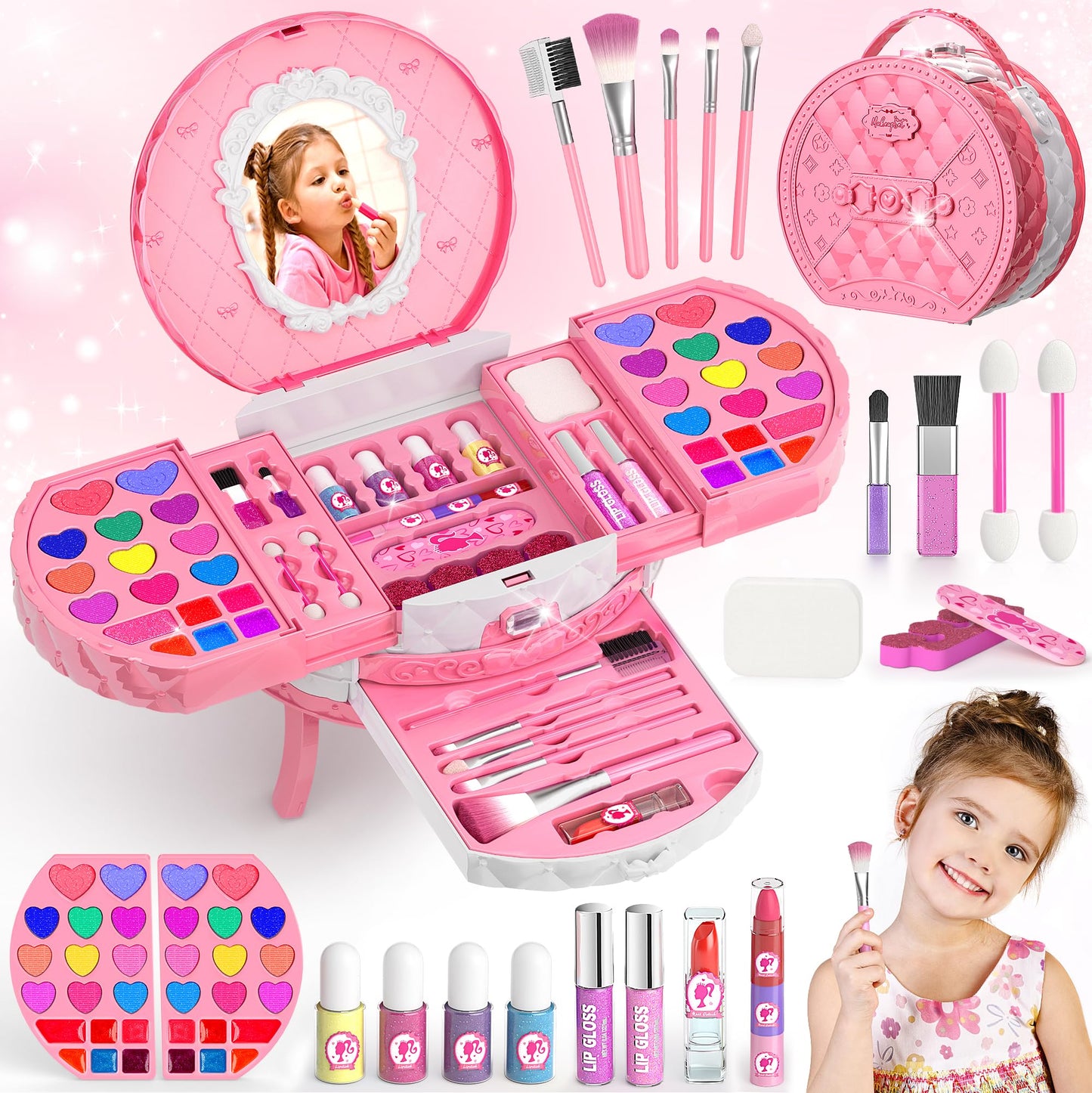 PERRYHOME Kids Makeup Kit (59 Pcs) Non-Toxic, Washable & Safe for Girls 3-12 – Pink