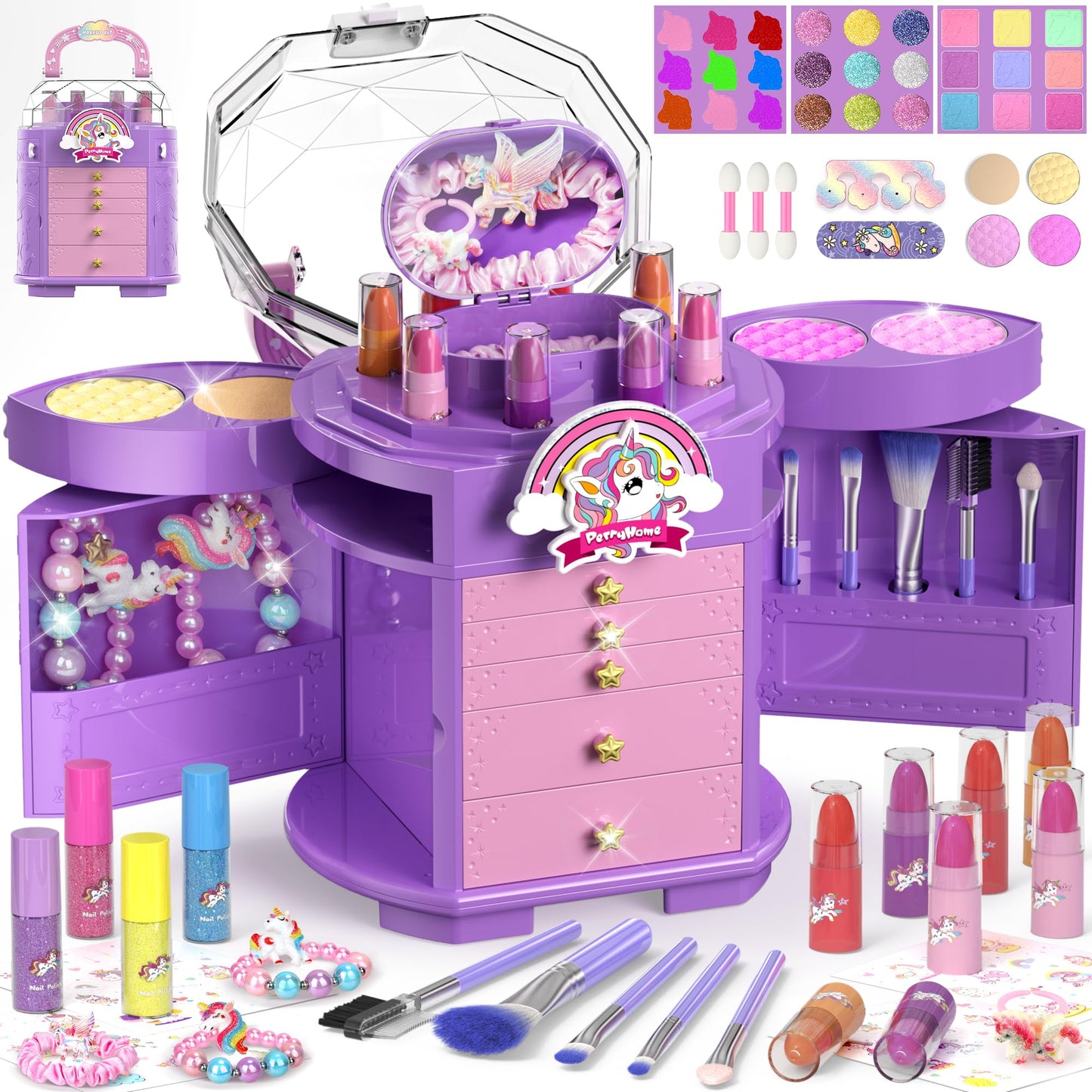 PERRYHOME 63-Piece Kids Makeup Set – Washable, Non-Toxic Unicorn Dress-Up Kit