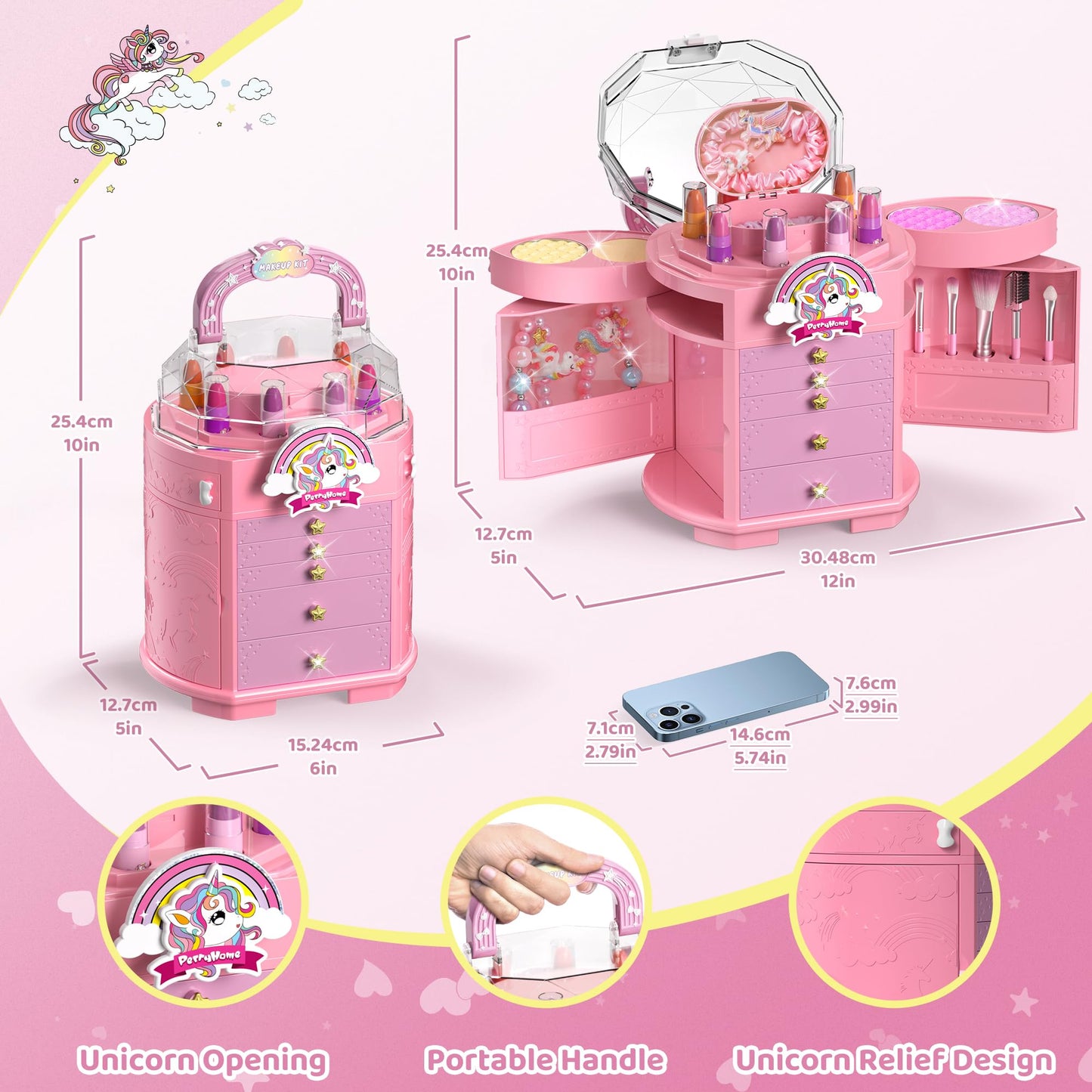 PERRYHOME Kids Makeup Set for Girls – 63 Pcs Washable Non-Toxic Unicorn Dress-Up Kit