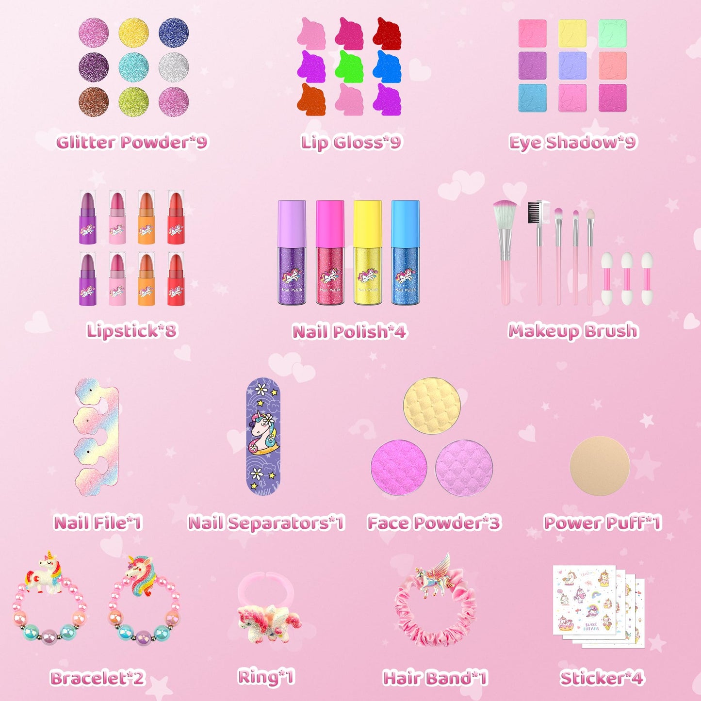 PERRYHOME Kids Makeup Set for Girls – 63 Pcs Washable Non-Toxic Unicorn Dress-Up Kit