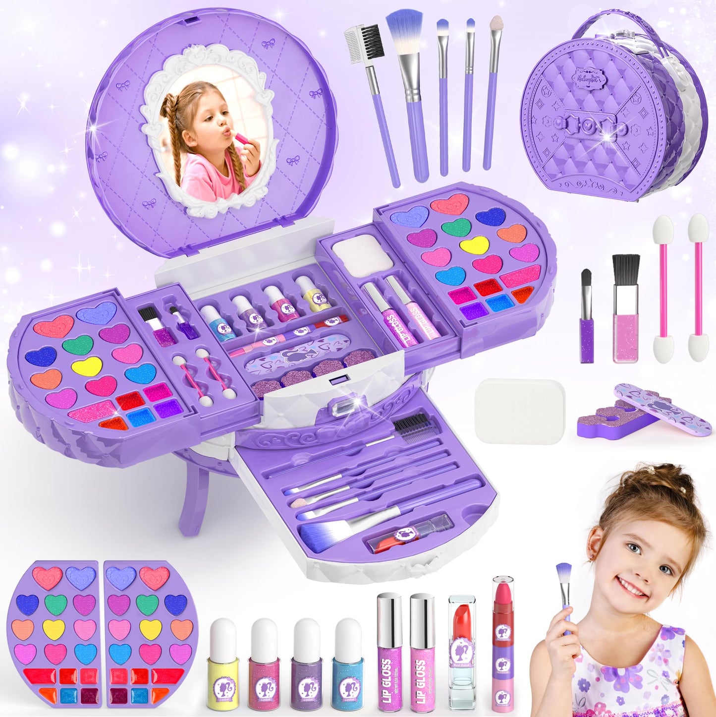 PERRYHOME Kids Makeup Set – 59-Piece Washable Non-Toxic Kit for Girls 5-8 (Purple)