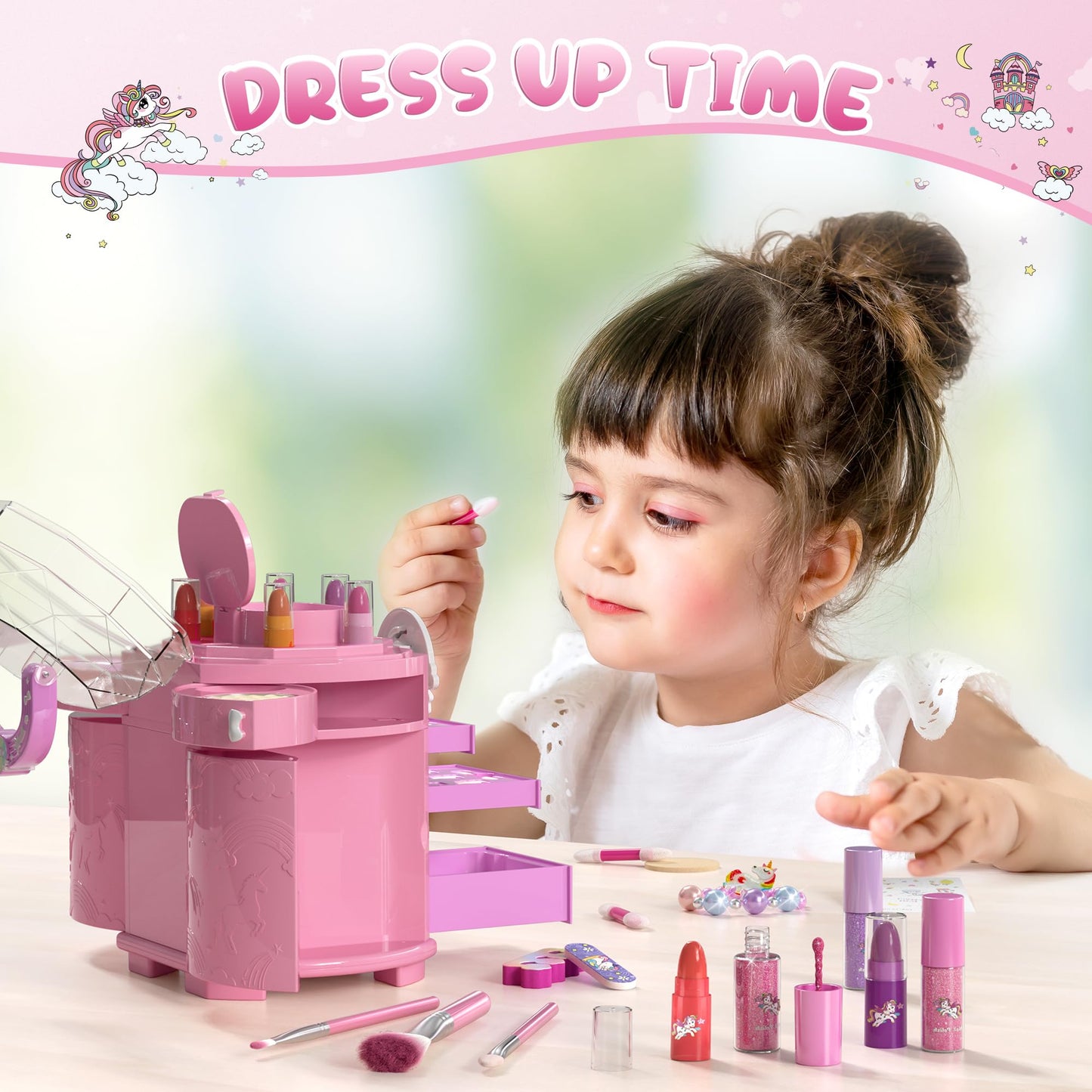 PERRYHOME Kids Makeup Set for Girls – 63 Pcs Washable Non-Toxic Unicorn Dress-Up Kit