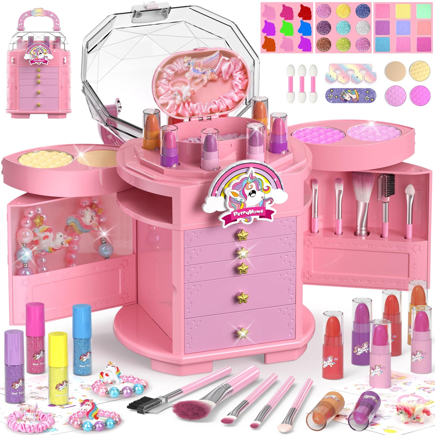 PERRYHOME Kids Makeup Set for Girls – 63 Pcs Washable Non-Toxic Unicorn Dress-Up Kit