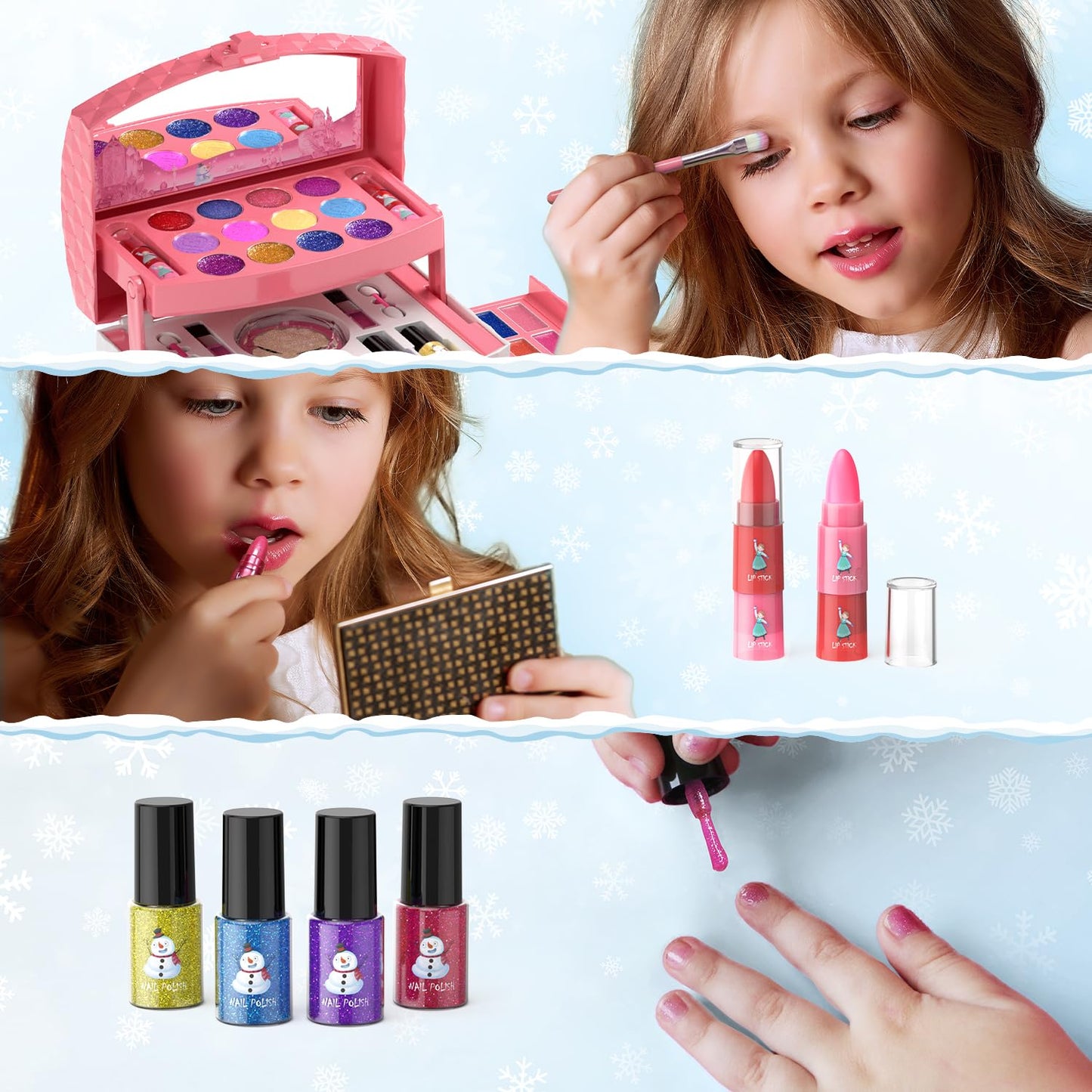PERRYHOME 56-Pcs Kids Makeup Set | Non-Toxic Frozen Theme Toy Kit