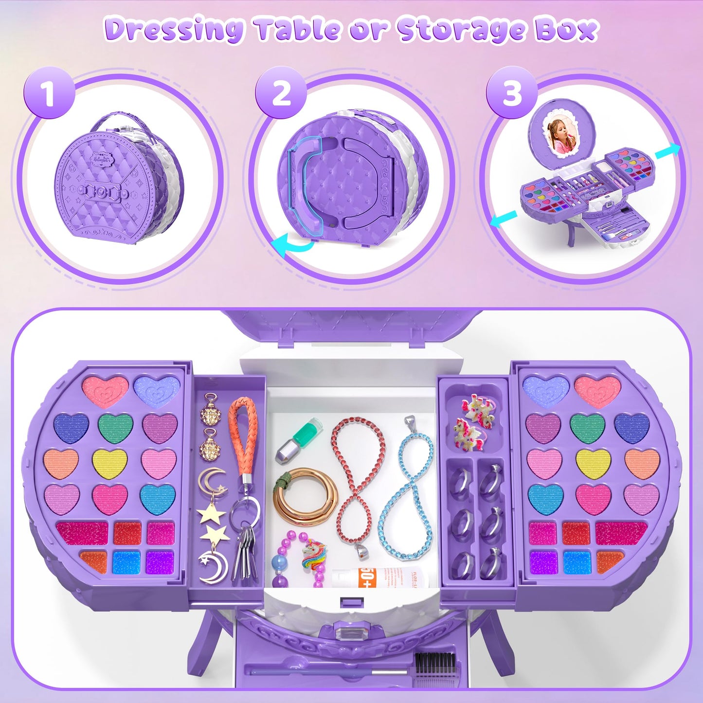 PERRYHOME Kids Makeup Set – 59-Piece Washable Non-Toxic Kit for Girls 5-8 (Purple)