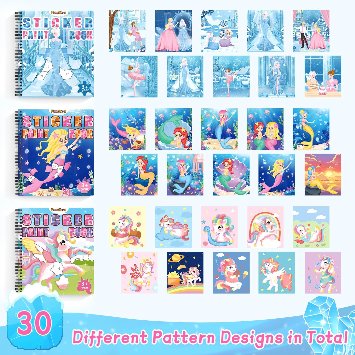 PERRYHOME 3pc Sticker by Number Paint Books for Girls (Ages 3-8) – Unicorn, Mermaid & Frozen
