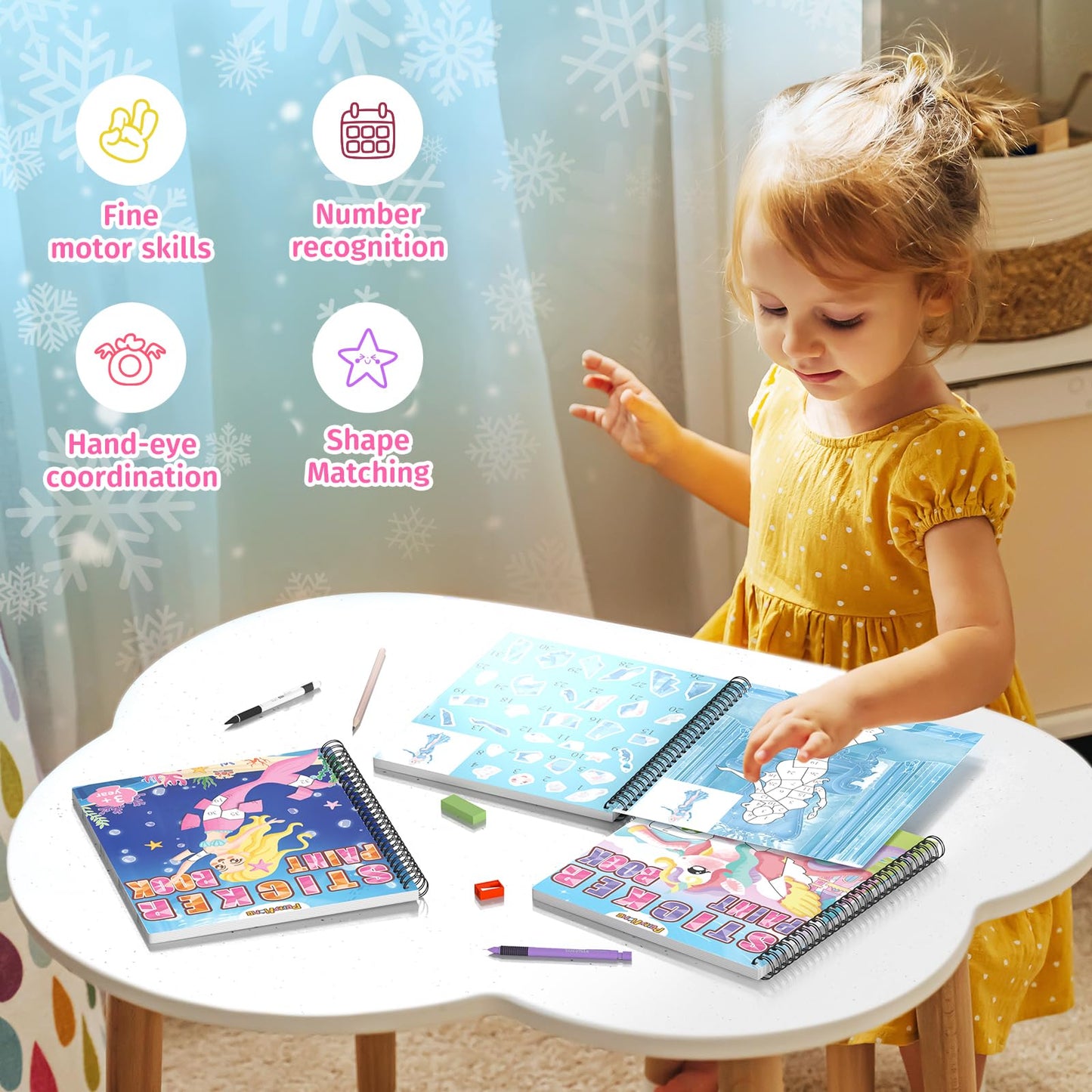 PERRYHOME 3pc Sticker by Number Paint Books for Girls (Ages 3-8) – Unicorn, Mermaid & Frozen