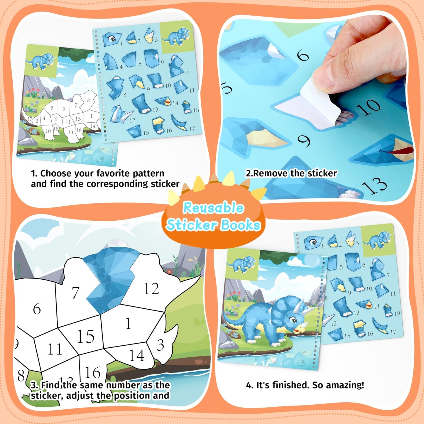PERRYHOME 3-Pack Sticker by Number Paint Books for Kids 4-8 — Dinosaurs, Animals & Space