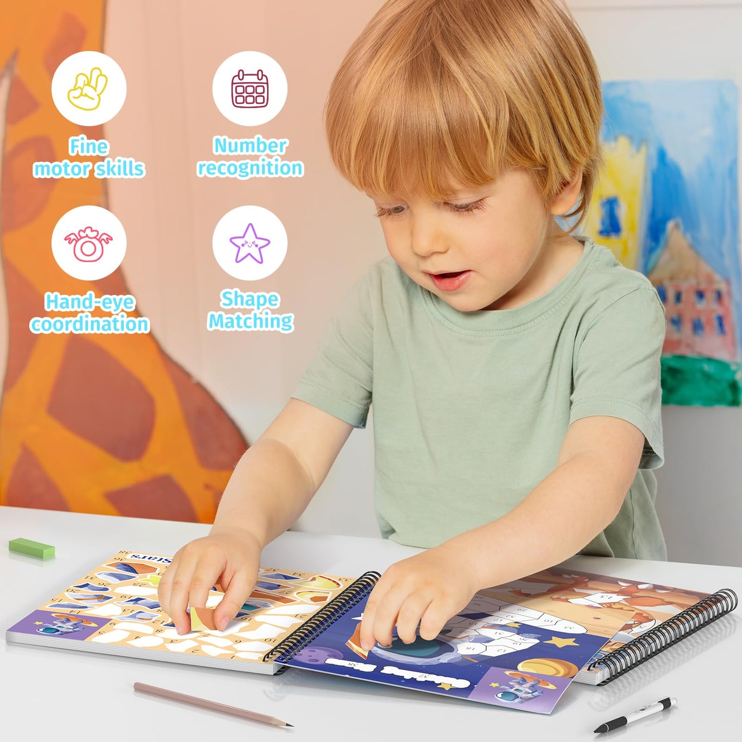 PERRYHOME 3-Pack Sticker by Number Paint Books for Kids 4-8 — Dinosaurs, Animals & Space