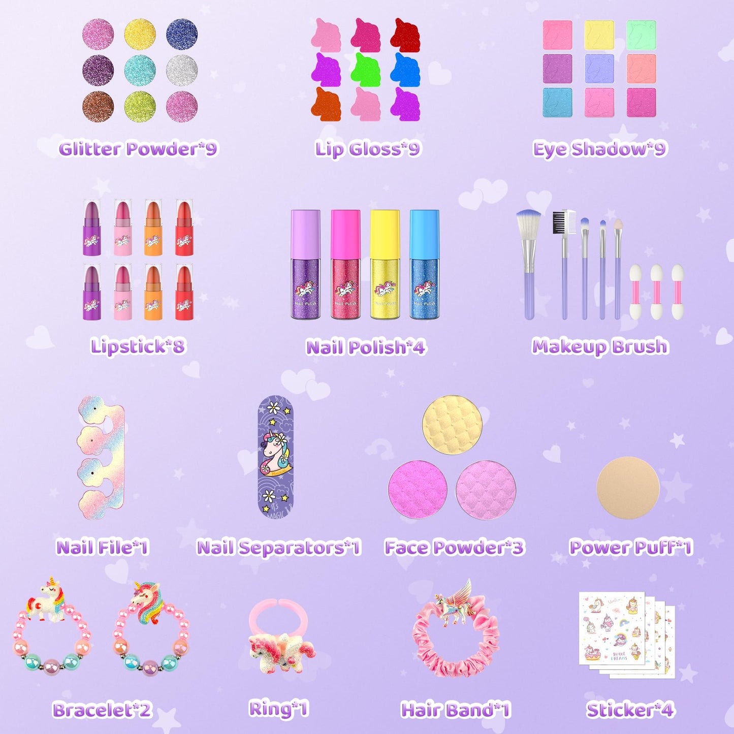 PERRYHOME 63-Piece Kids Makeup Set – Washable, Non-Toxic Unicorn Dress-Up Kit