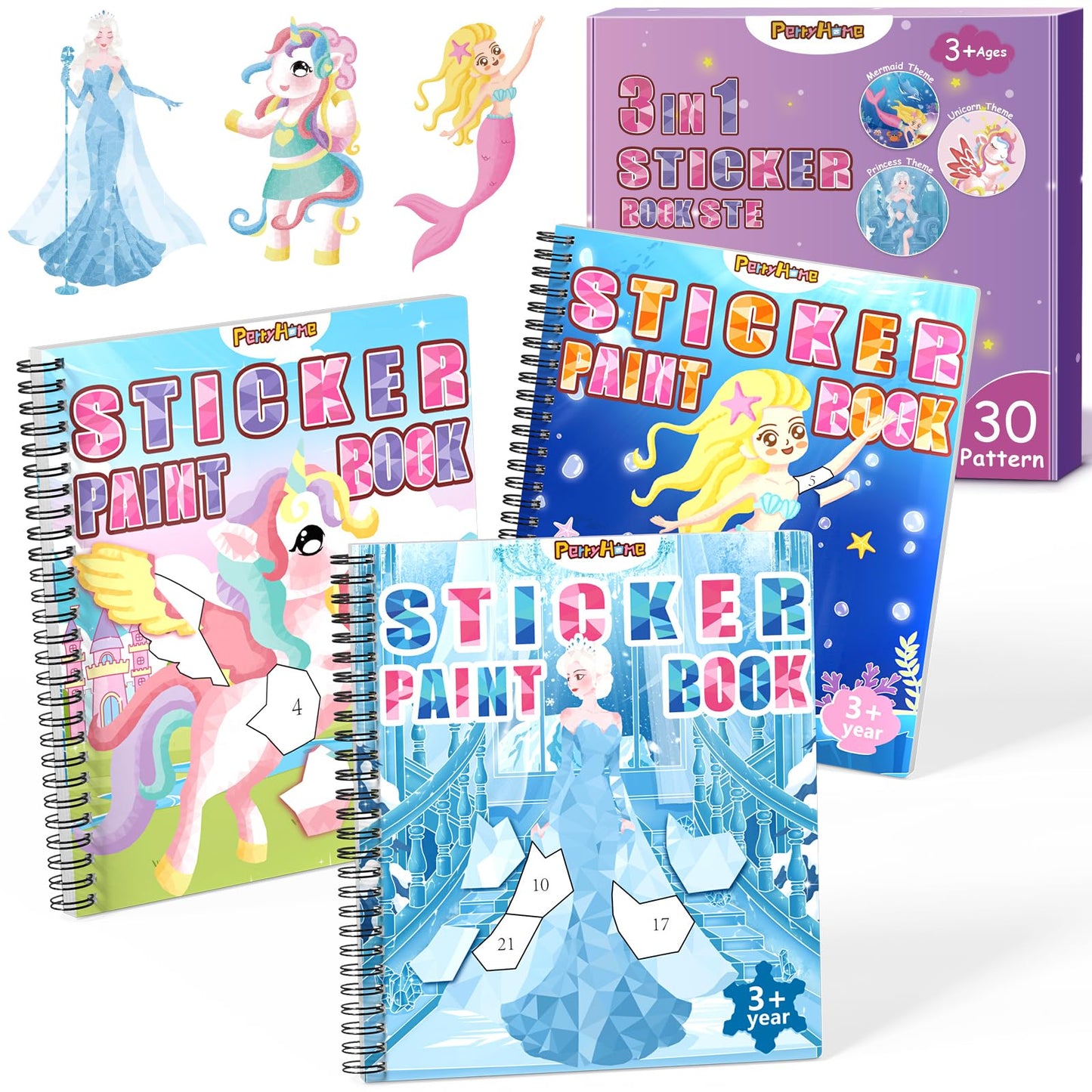 PERRYHOME 3pc Sticker by Number Paint Books for Girls (Ages 3-8) – Unicorn, Mermaid & Frozen