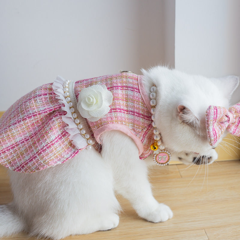 Adorable Pet Dress with Accessories | Cat Skirt with Headdress & Necklace