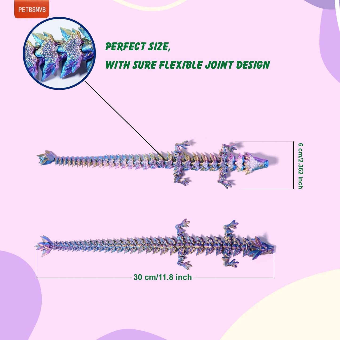 PETBSNVB Three Color Dragon – 12-inch Articulated Crystal Dragon Fidget Toy & Desk Decor