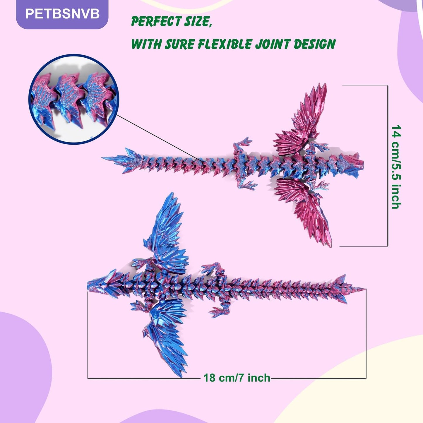 PETBSNVB 2PCS 7-inch Articulated Dragon With Wings – Crystal Dragon Fidget Toy & Desk Decor (Purple & Blue)