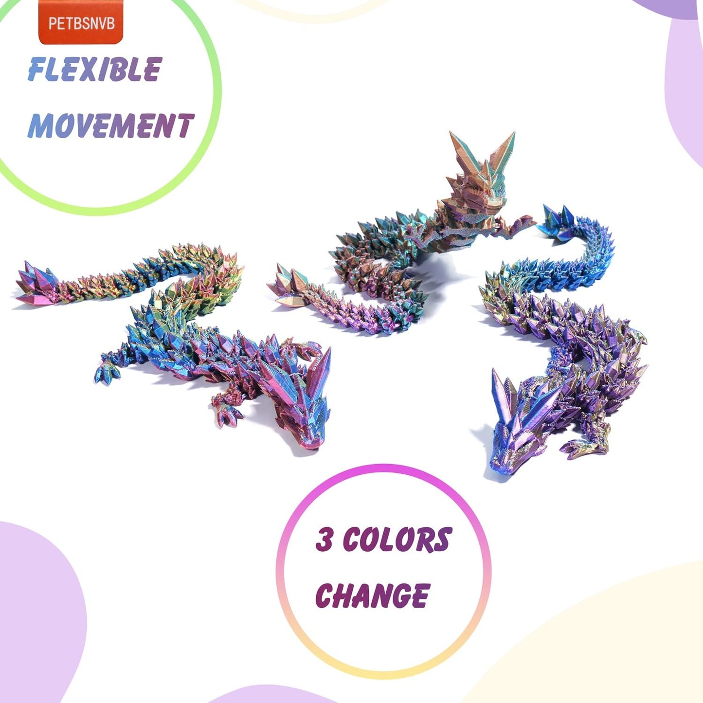 PETBSNVB 12-inch 3D Printed Dragon Articulated Fidget Toy – Crystal Dragon, Yellow Head