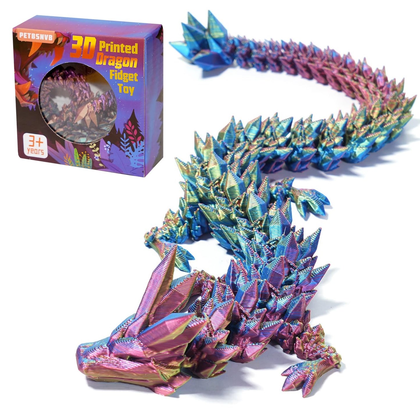 PETBSNVB 12-inch 3D Printed Dragon Articulated Fidget Toy – Crystal Dragon, Yellow Head