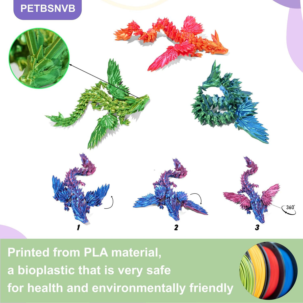 PETBSNVB 2PCS 7-inch Articulated Dragon With Wings – Crystal Dragon Fidget Toy & Desk Decor (Purple & Blue)