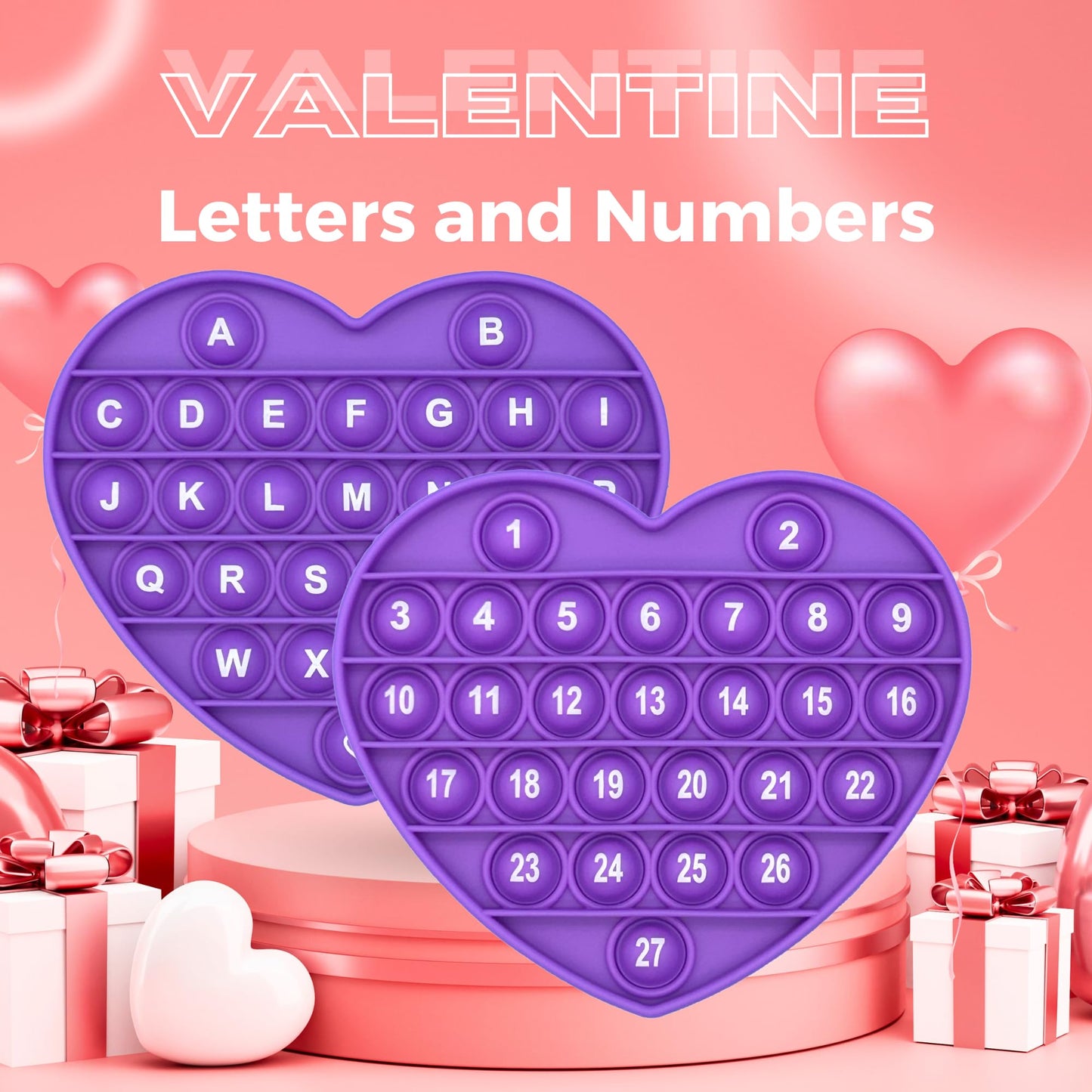 PETBSNVB Purple Heart Pop Bubble Fidget Toy – Letters & Numbers, Valentines Gift