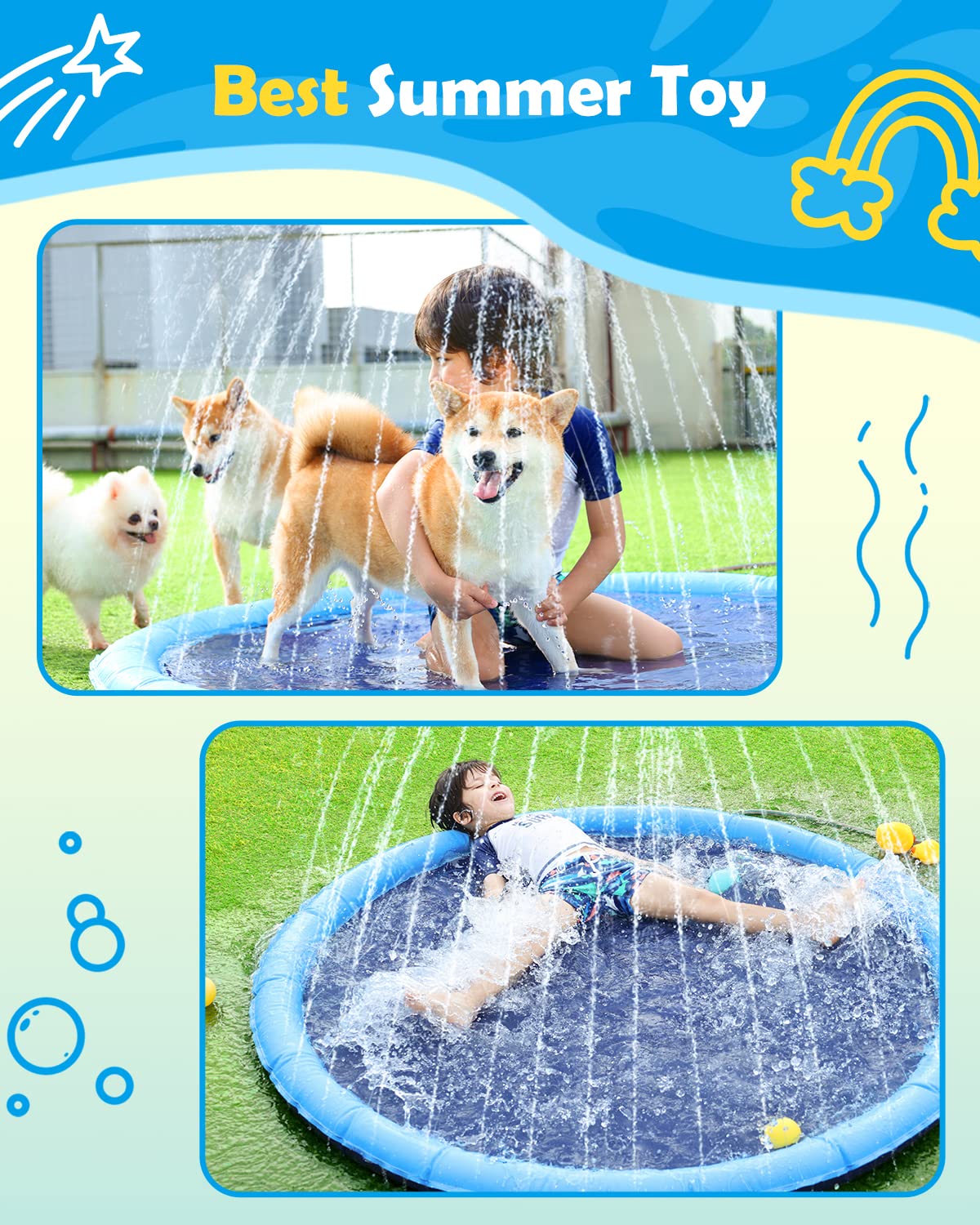 Peteast Splash Pad for Dogs & Kids – 67in Anti-Slip Water Play Mat for Large Dogs