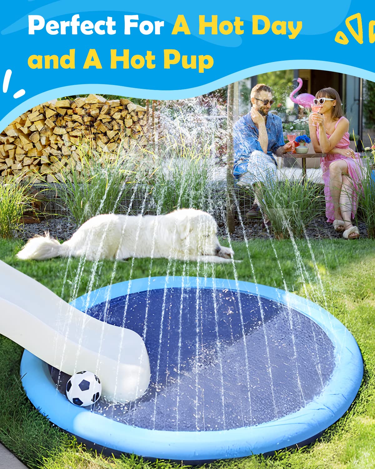 Peteast Large Dog Splash Pad – 86in Anti-Slip Pool with Thickened Sprinkler