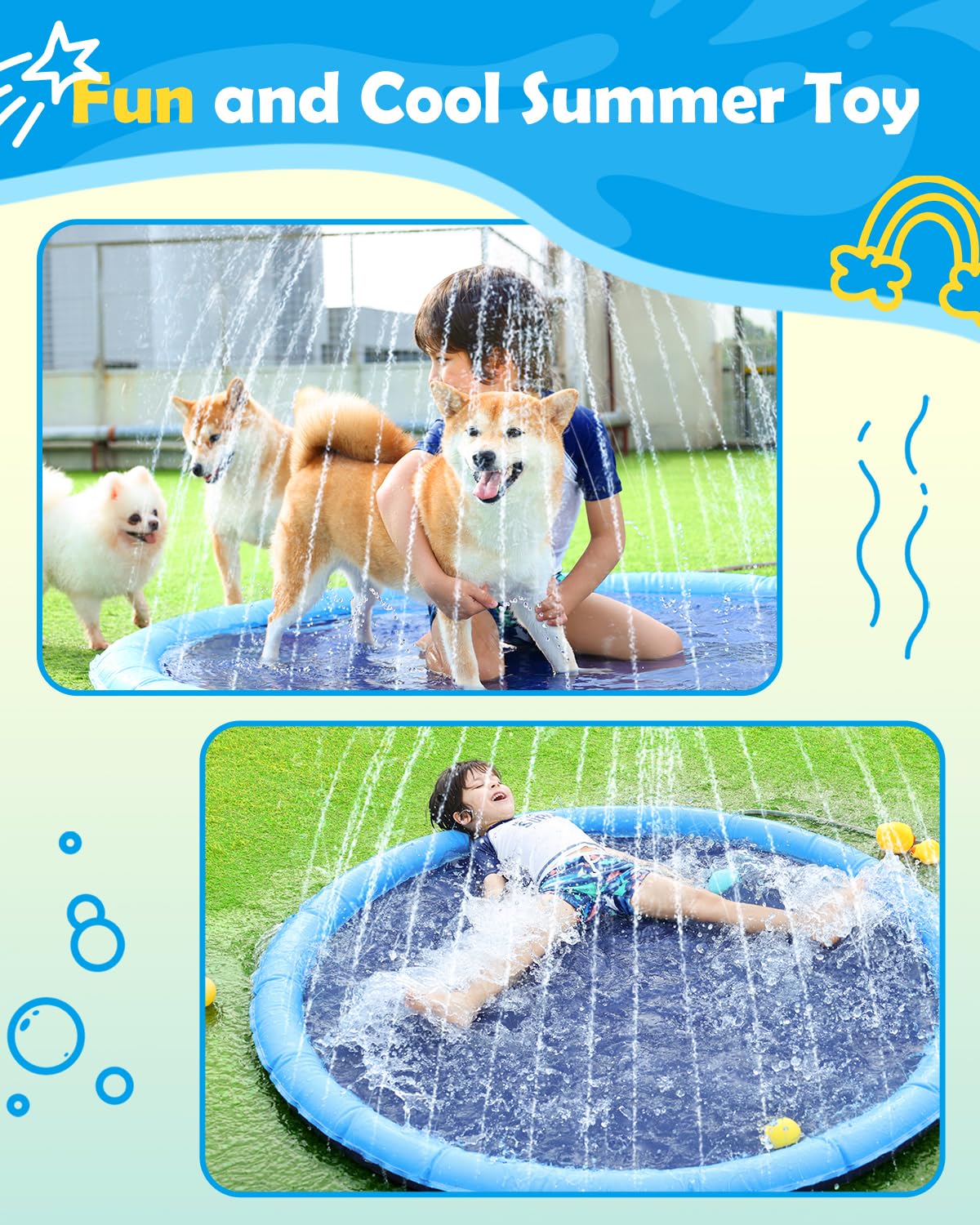 Peteast Splash Pad for Dogs & Kids – Anti-Slip Large Dog Pool, 0.58mm Thick Outdoor Water Play Mat (51in)