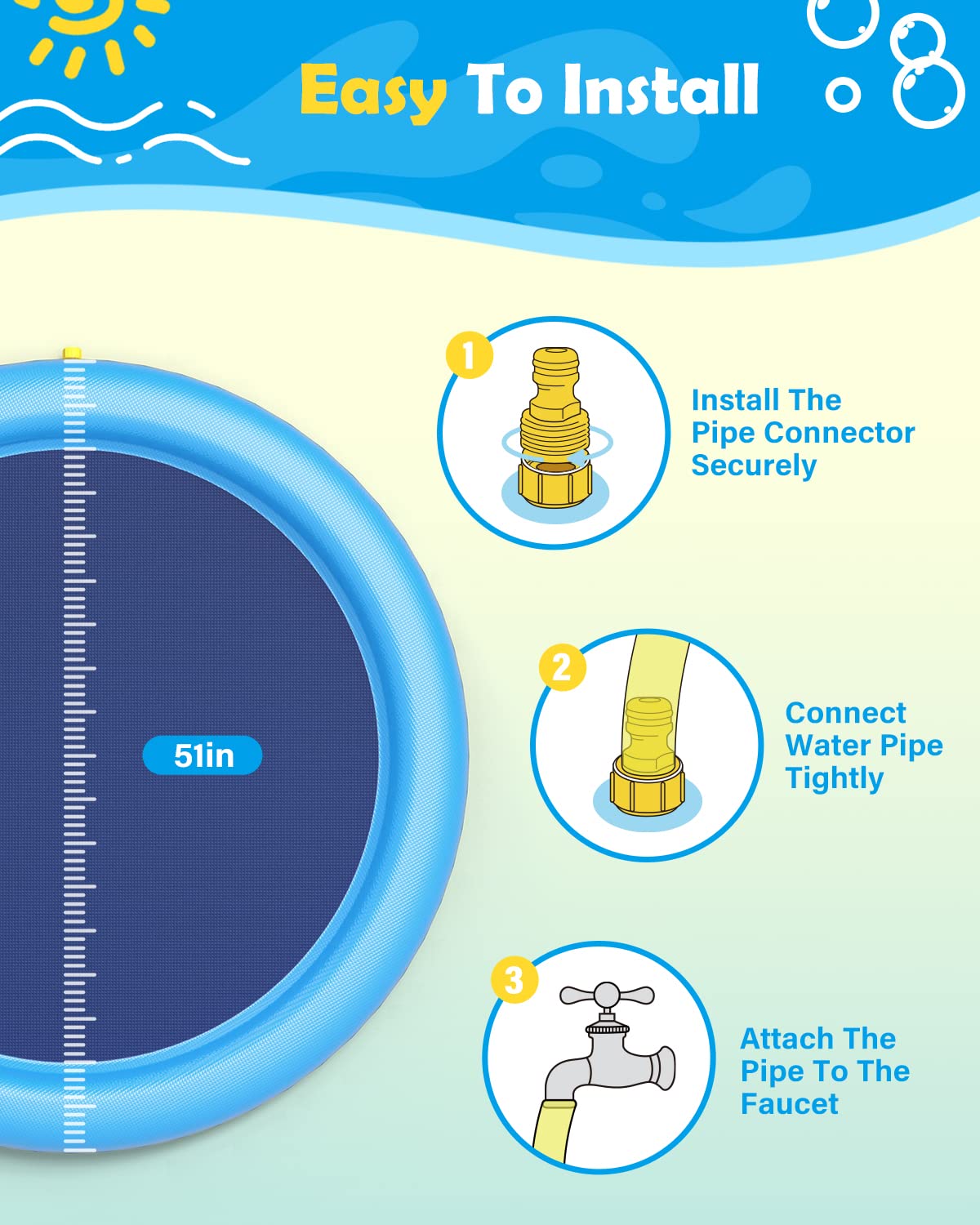 Peteast Splash Pad for Dogs & Kids – Anti-Slip Large Dog Pool, 0.58mm Thick Outdoor Water Play Mat (51in)