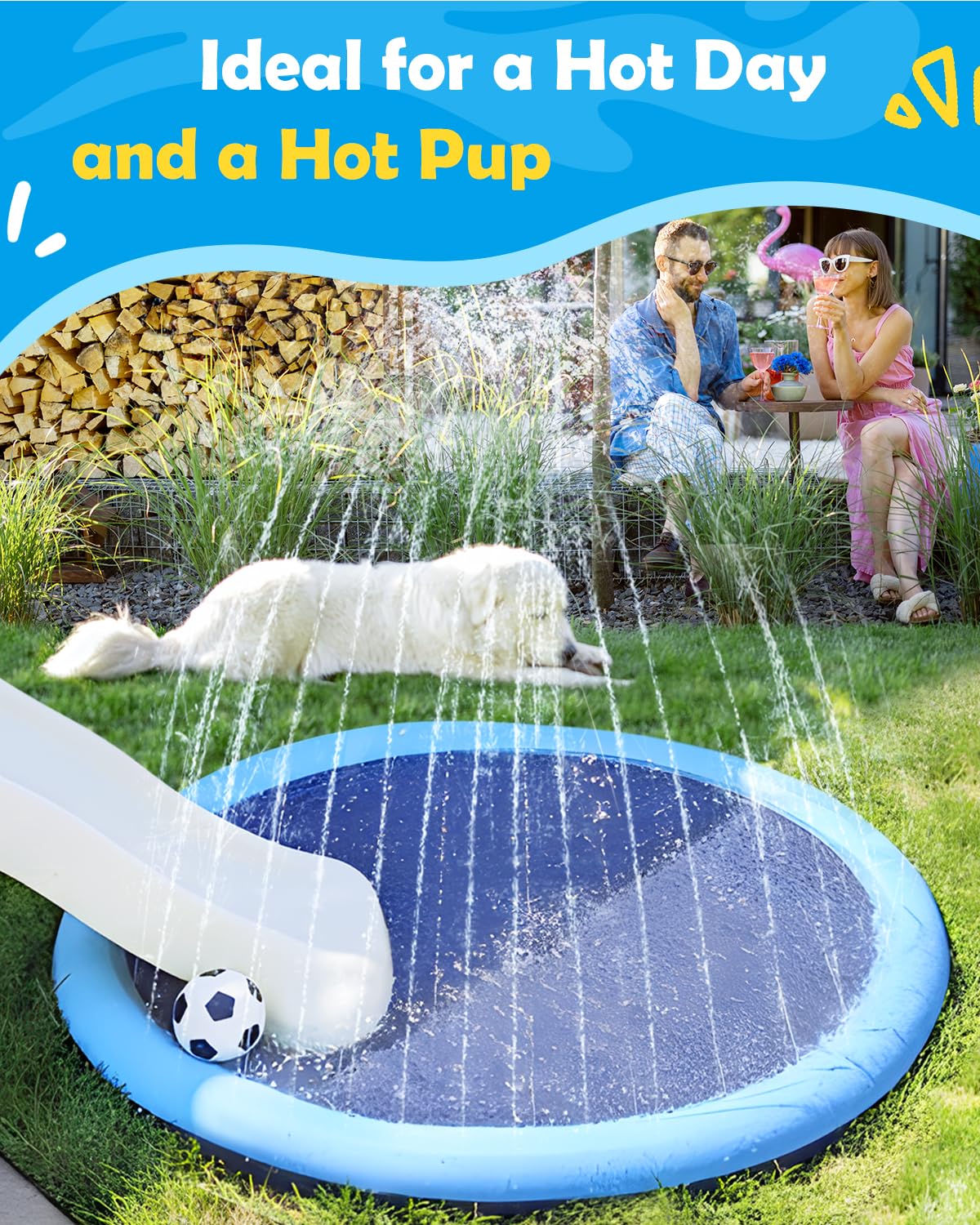 Peteast Splash Pad for Dogs & Kids – Anti-Slip Large Dog Pool, 0.58mm Thick Outdoor Water Play Mat (51in)