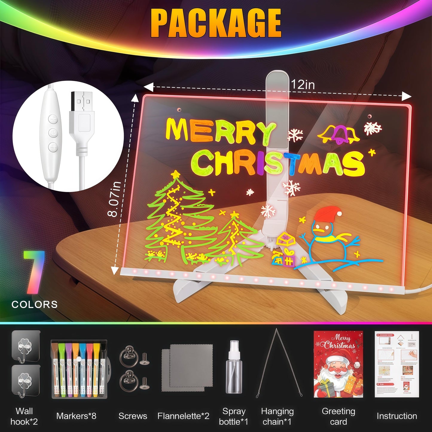 PetPalace LED Drawing Board - 7-Color RGB Lights, Stand, 8 Markers & Sketchbook