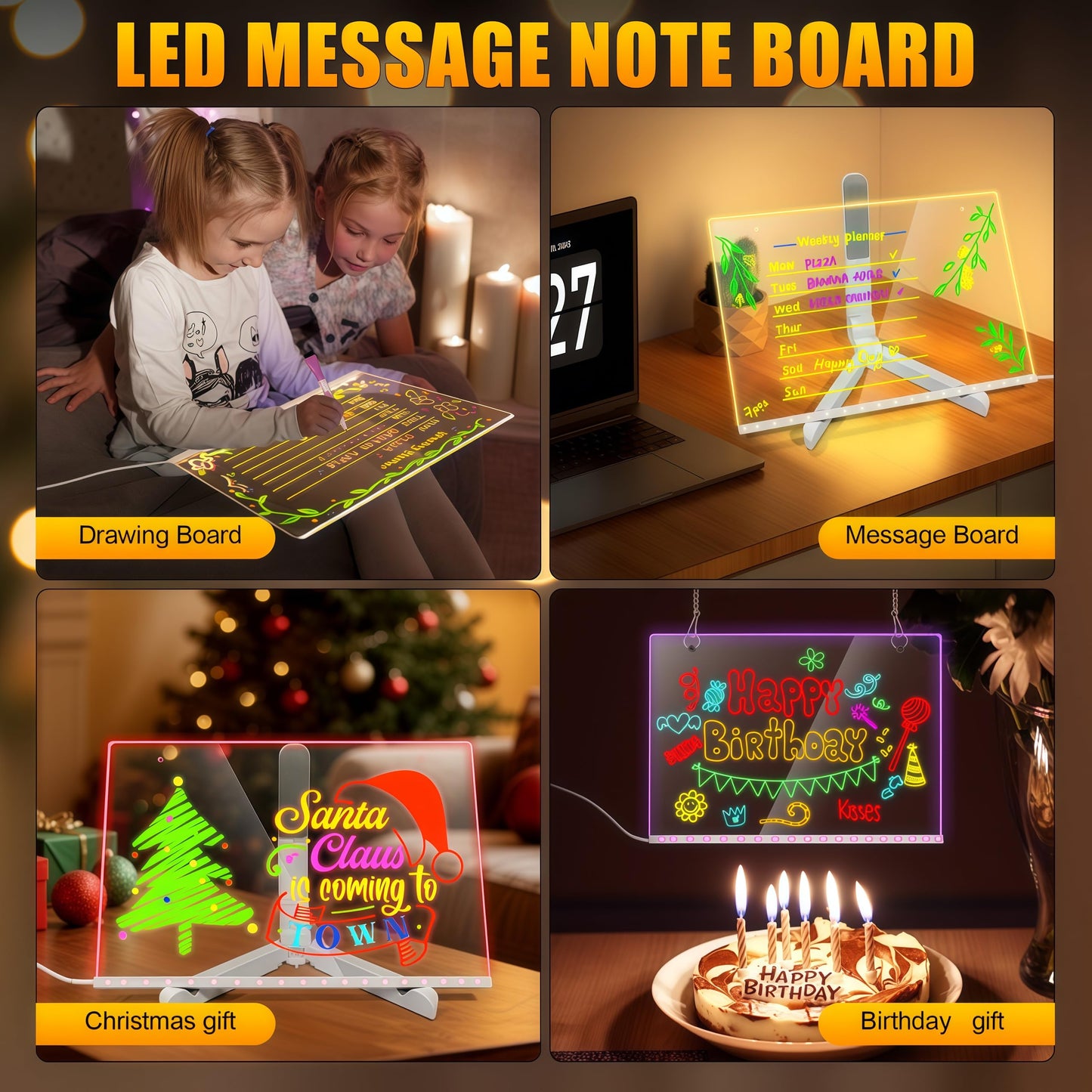 PetPalace LED Drawing Board - 7-Color RGB Lights, Stand, 8 Markers & Sketchbook