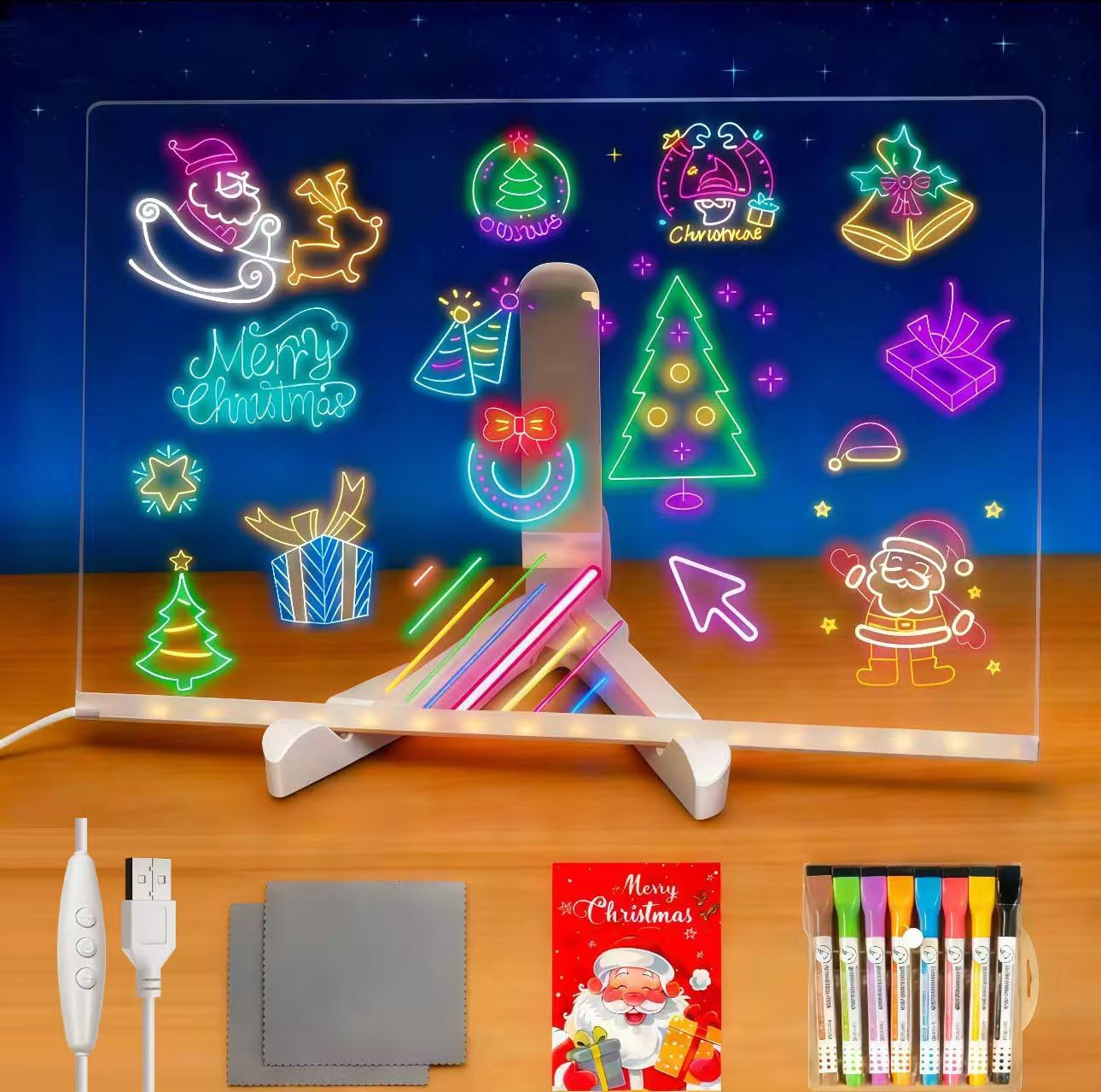 PetPalace LED Drawing Board - 7-Color RGB Lights, Stand, 8 Markers & Sketchbook