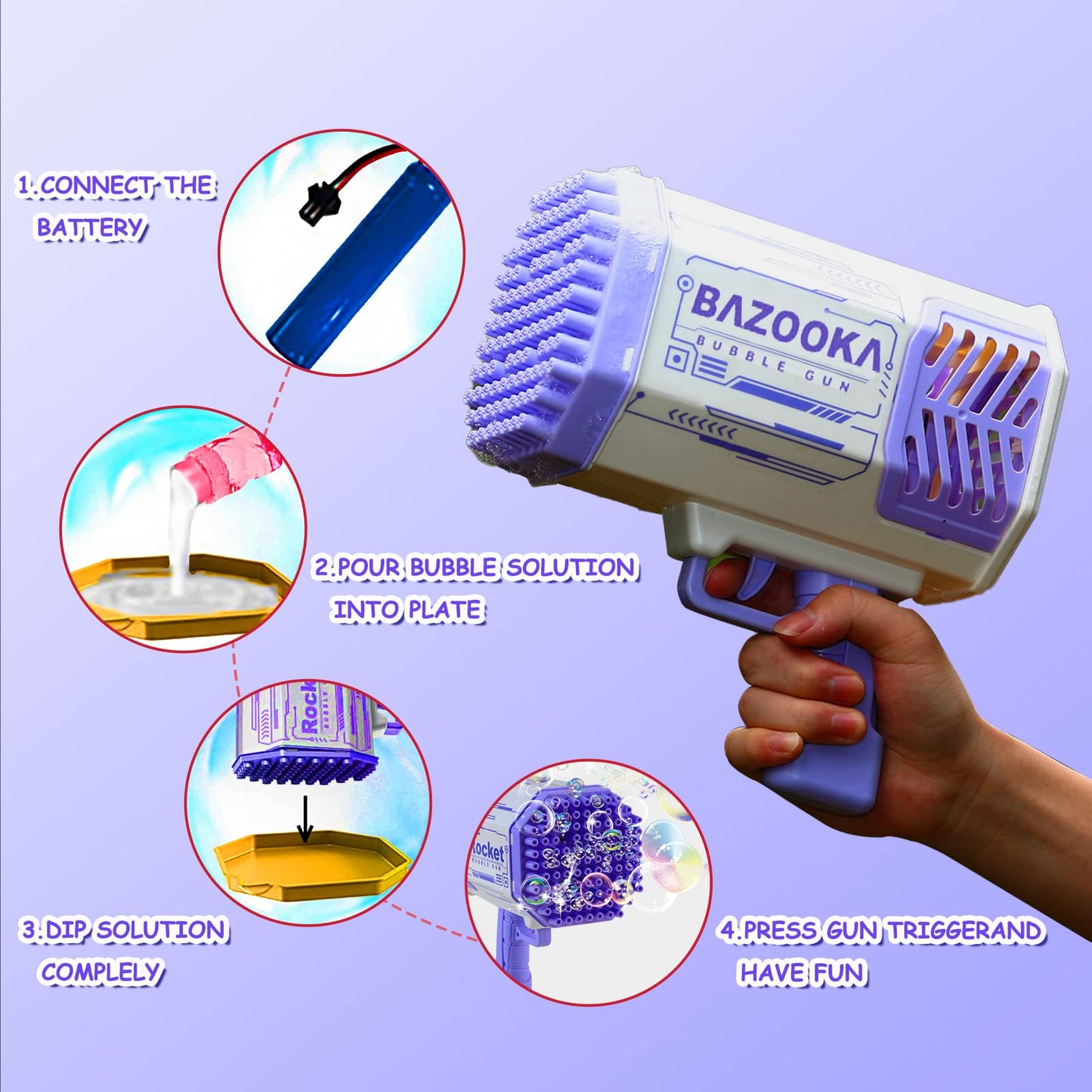Petrella 69-Hole Bubble Bazooka Gun – Rechargeable LED Bubble Machine for Kids & Parties