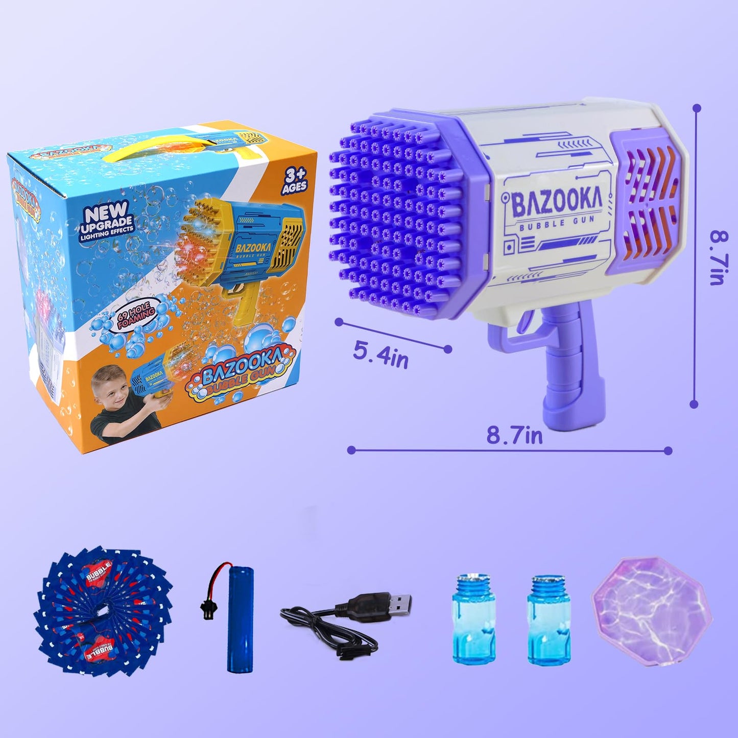 Petrella 69-Hole Bubble Bazooka Gun – Rechargeable LED Bubble Machine for Kids & Parties