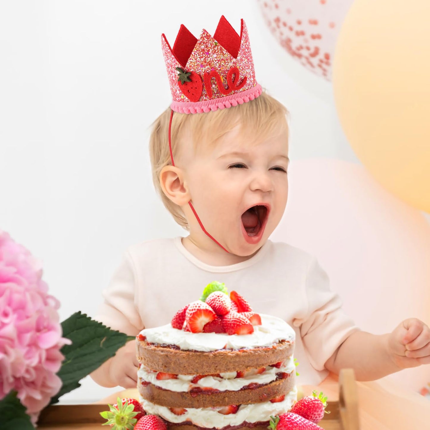 PEUTIER Strawberry 1st Birthday Hat for Baby Girls – Pink Sequin Berry Headwear