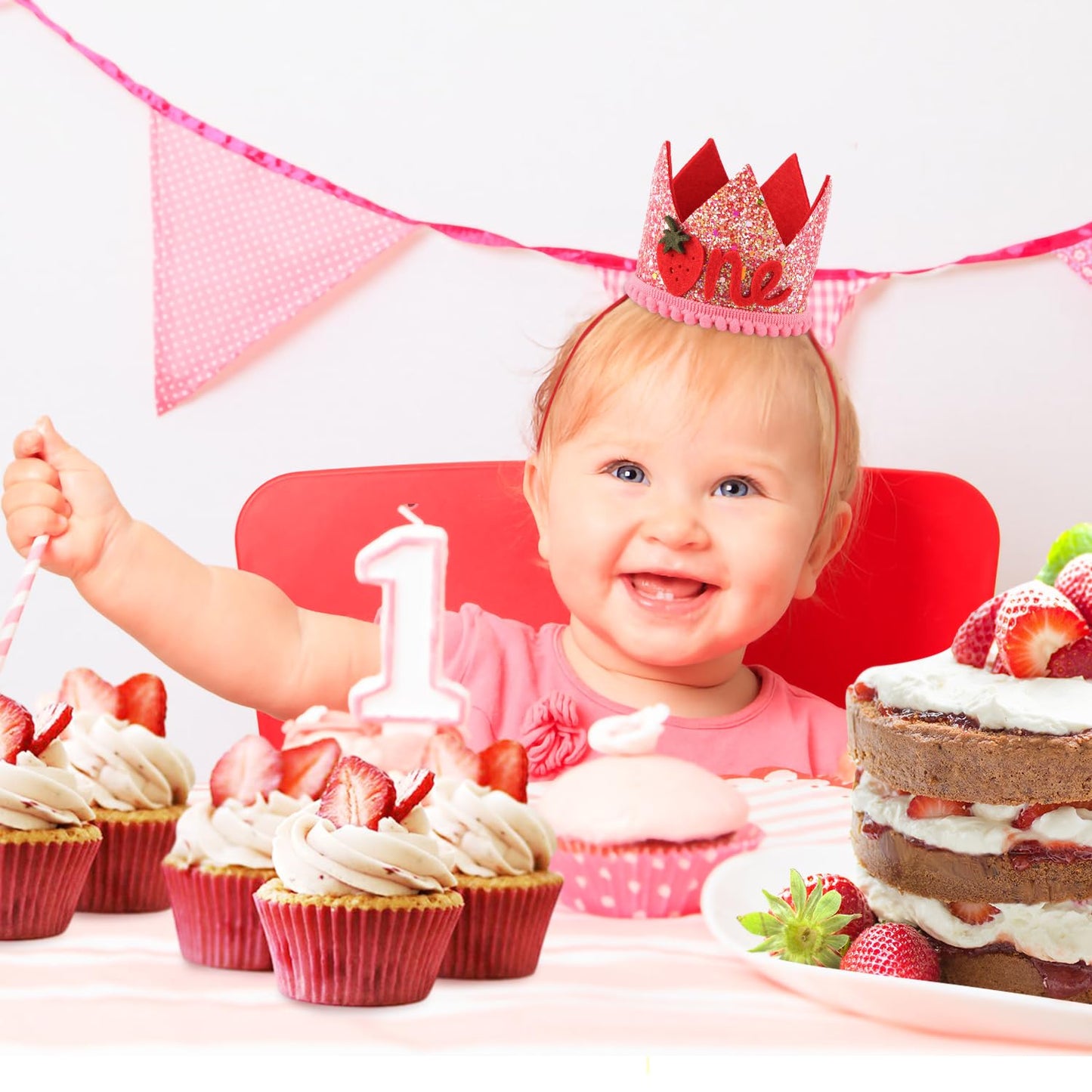 PEUTIER Strawberry 1st Birthday Hat for Baby Girls – Pink Sequin Berry Headwear