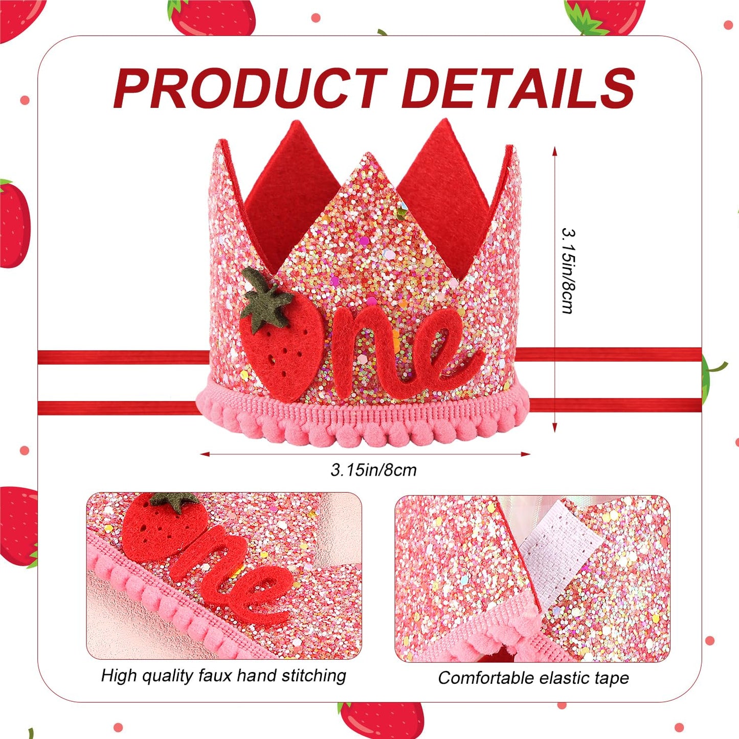 PEUTIER Strawberry 1st Birthday Hat for Baby Girls – Pink Sequin Berry Headwear