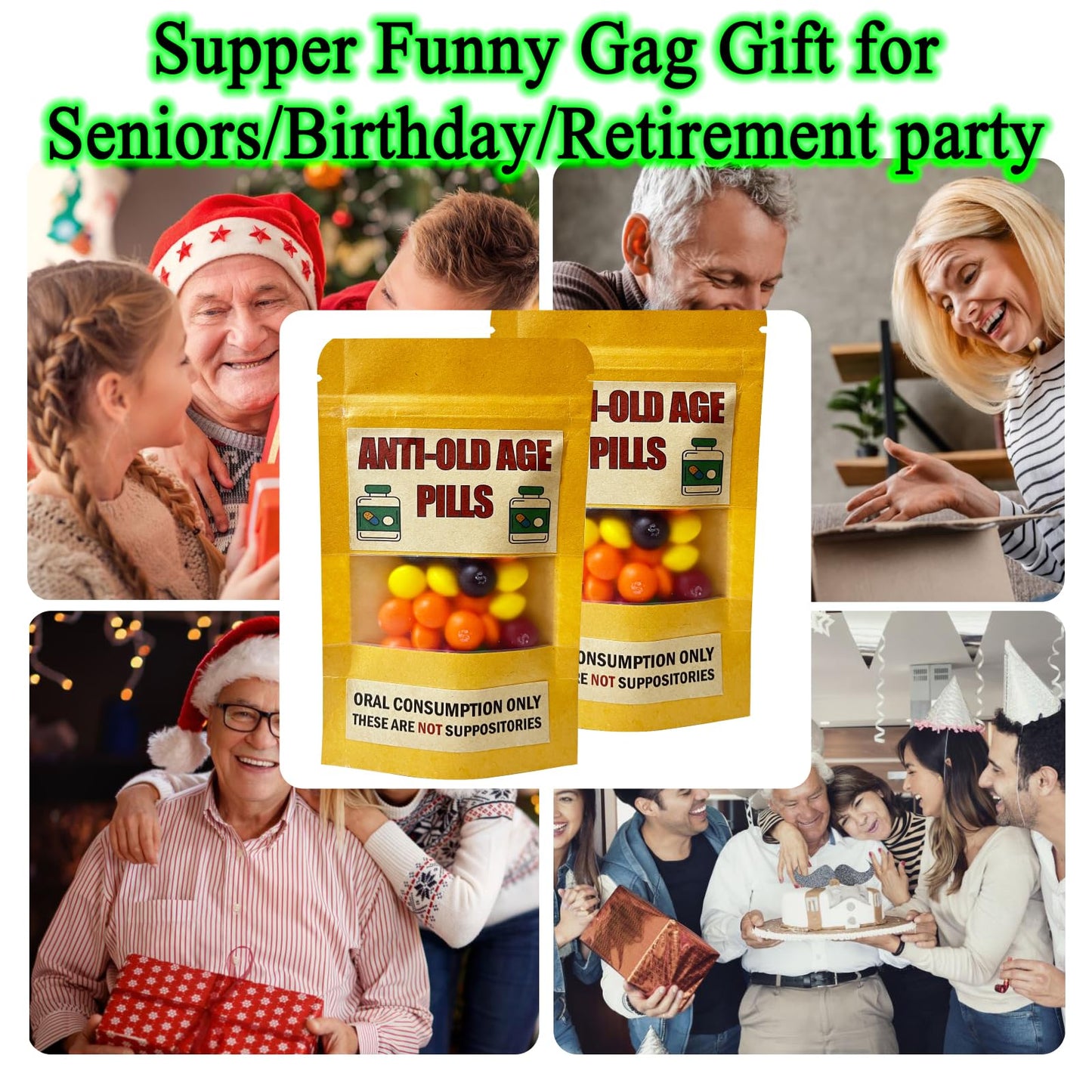 PHAWNGU 4 Pack Funny Anti-Old Age Pills (Empty Pouch) – Gag Gift for Seniors & Retirement Parties