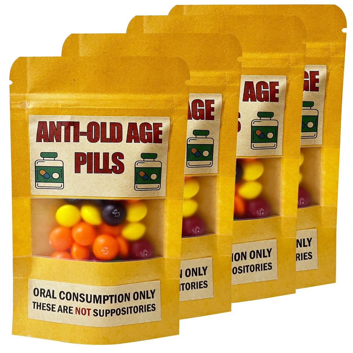 PHAWNGU 4 Pack Funny Anti-Old Age Pills (Empty Pouch) – Gag Gift for Seniors & Retirement Parties