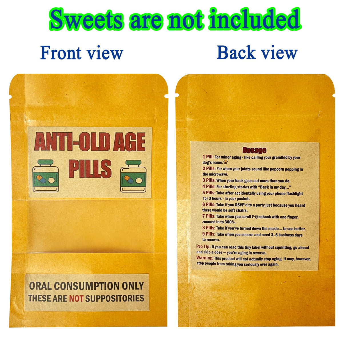 PHAWNGU 4 Pack Funny Anti-Old Age Pills (Empty Pouch) – Gag Gift for Seniors & Retirement Parties