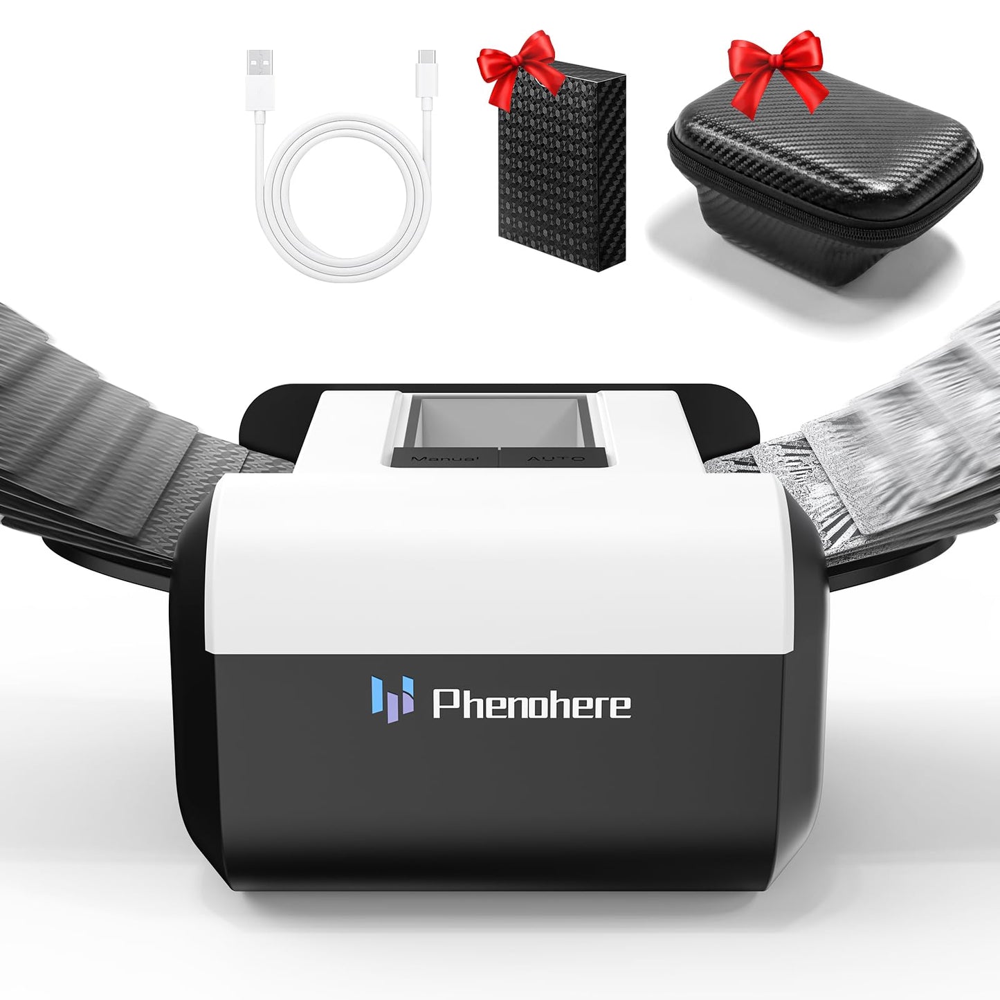 PHENOHERE Rechargeable Automatic Card Shuffler – Dual Auto & Semi-Auto Modes, 1–2 Deck Capacity, Leather Case & Waterproof Cards