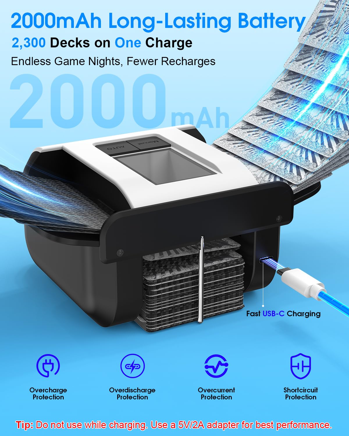 PHENOHERE Rechargeable Automatic Card Shuffler – Dual Auto & Semi-Auto Modes, 1–2 Deck Capacity, Leather Case & Waterproof Cards